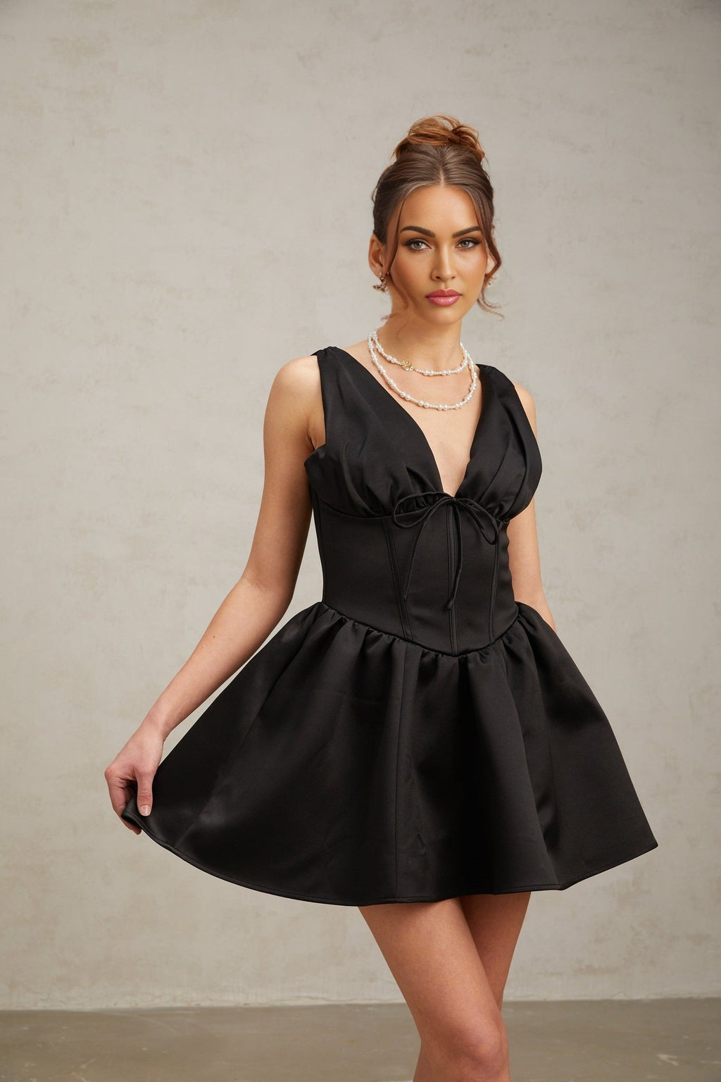 Nicole Mini Dress Black VNeck Bowknot Flared Pleated