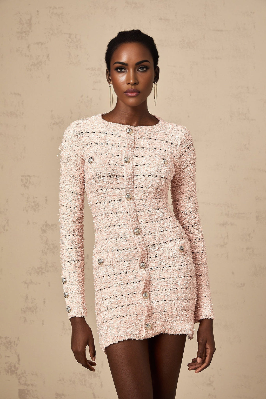 Nicole Mini Dress Pink Knit Button Detail Fitted