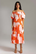 Nicole Orange Floral Off-Shoulder Smocked Bodice Tiered Skirt Puff Sleeve Dress