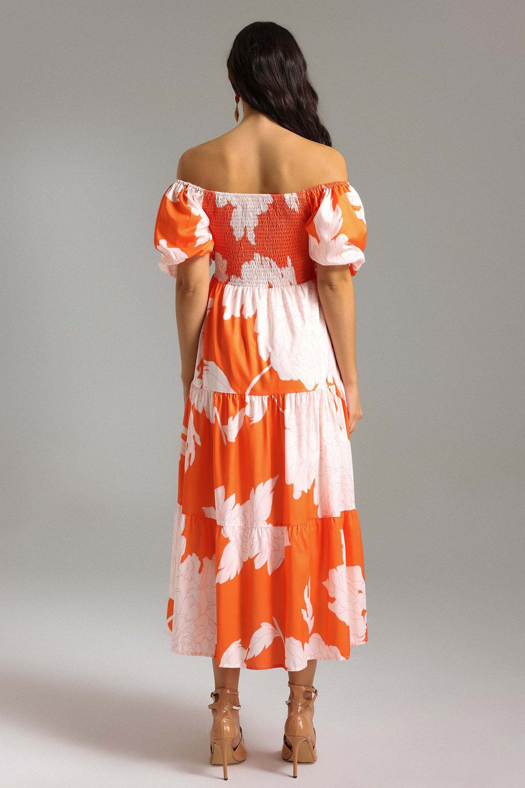 Nicole Orange Floral Smocked Off-Shoulder Dress