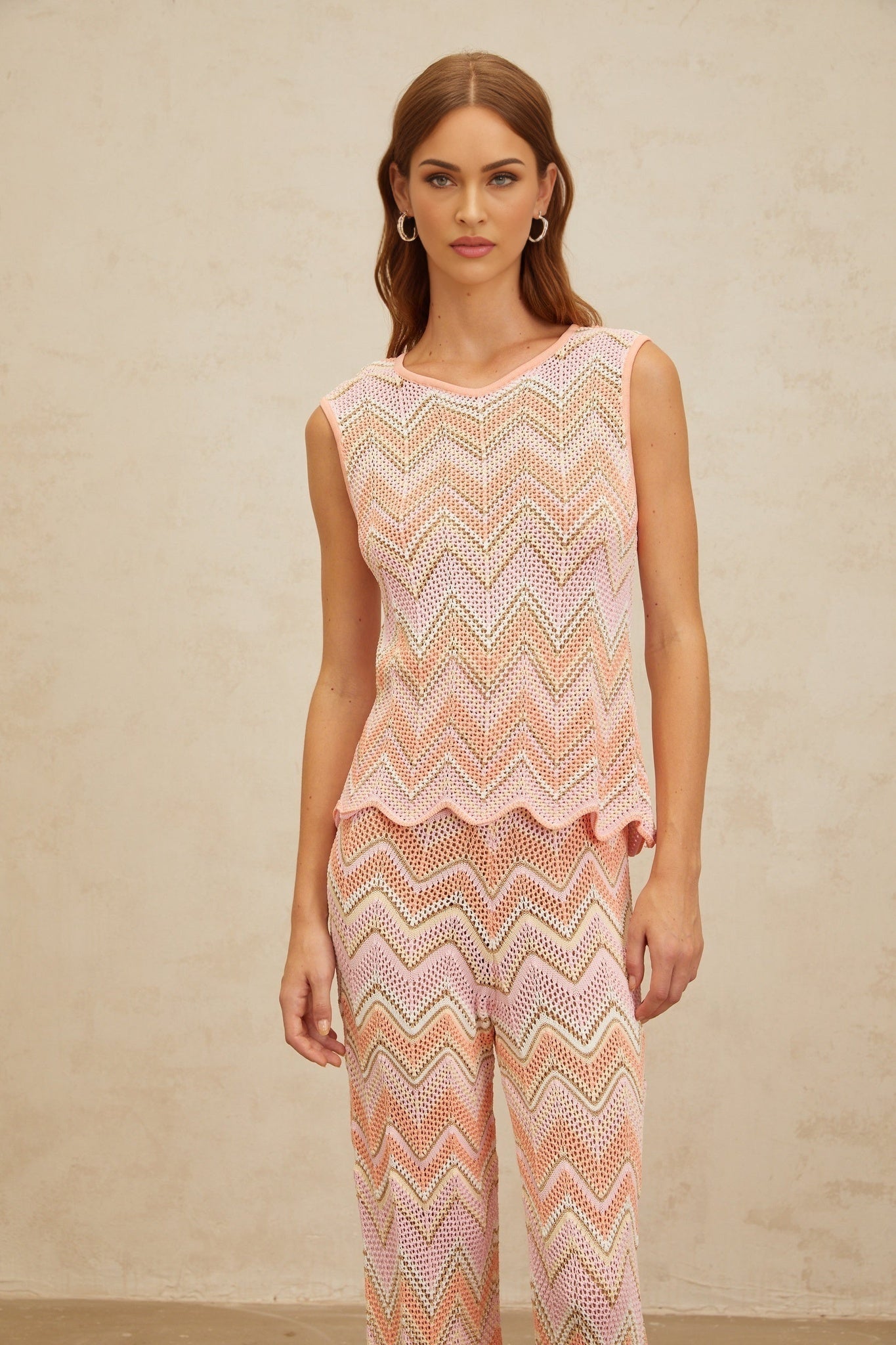 Nicole Top & Trousers Set - Round Neck - Sleeveless - Metallic Threading - Scallop Hem - High Rise