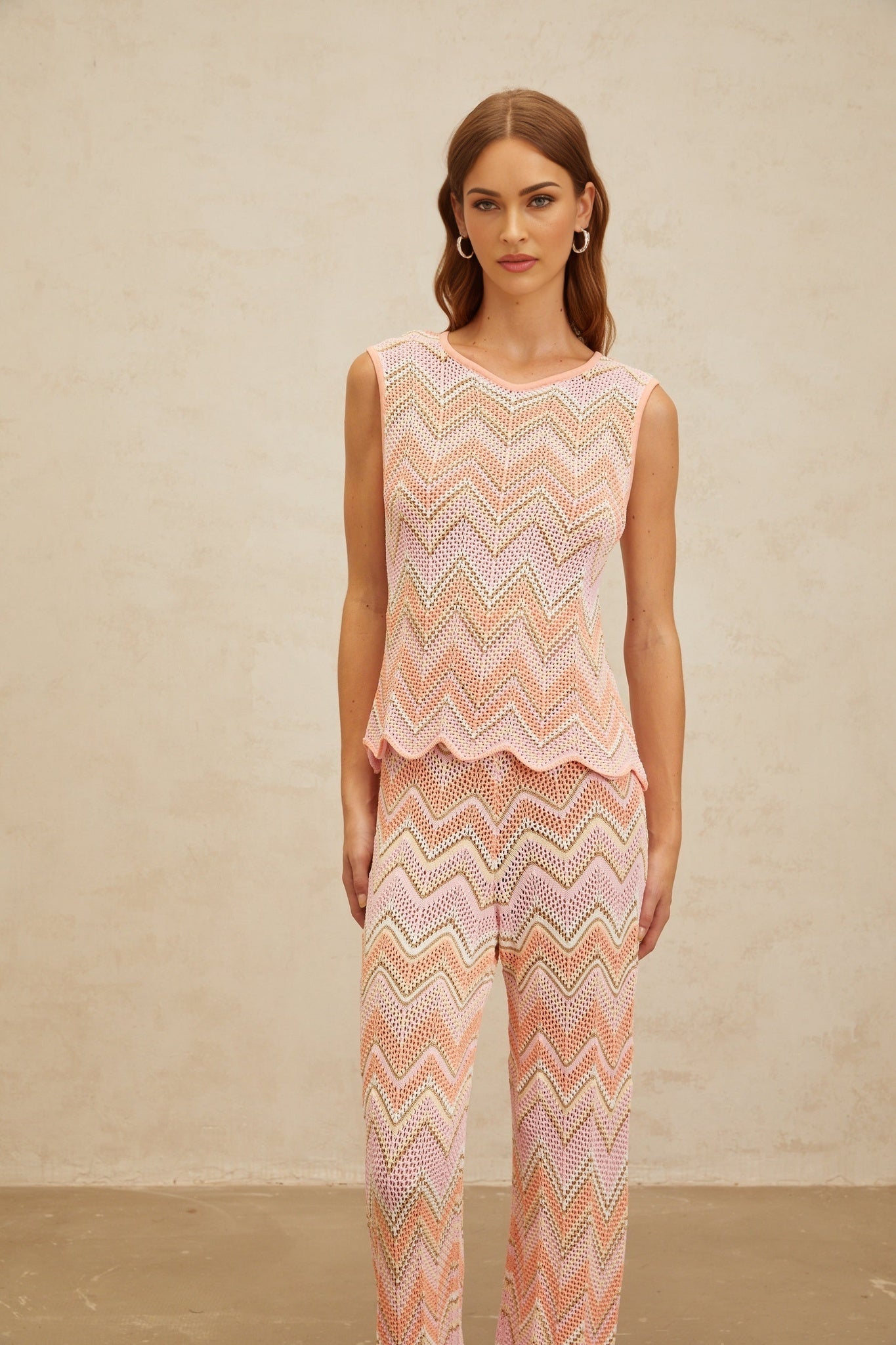 Nicole Top & Trousers Set - Round Neck - Sleeveless - Metallic Threading - Scallop Hem - High Rise