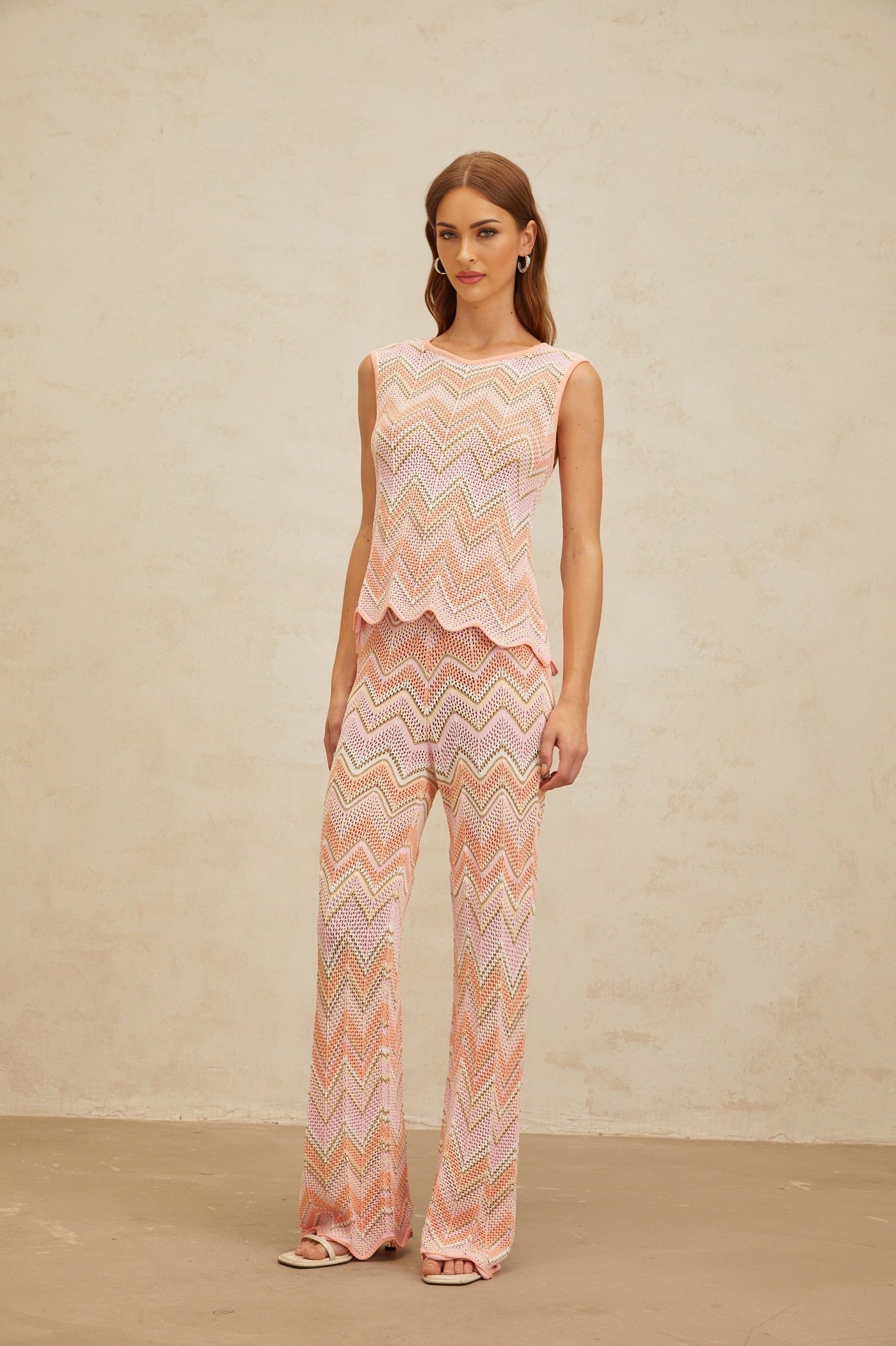 Nicole Top & Trousers Set - Round Neck - Sleeveless - Metallic Threading - Scallop Hem - High Rise