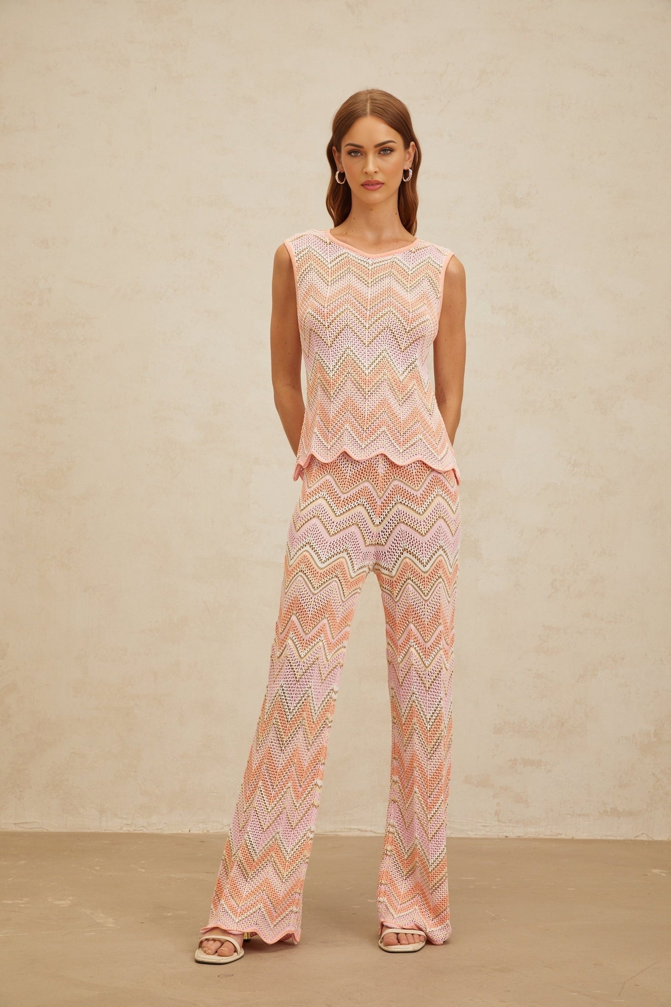 Nicole Top & Trousers Set - Round Neck - Sleeveless - Metallic Threading - Scallop Hem - High Rise