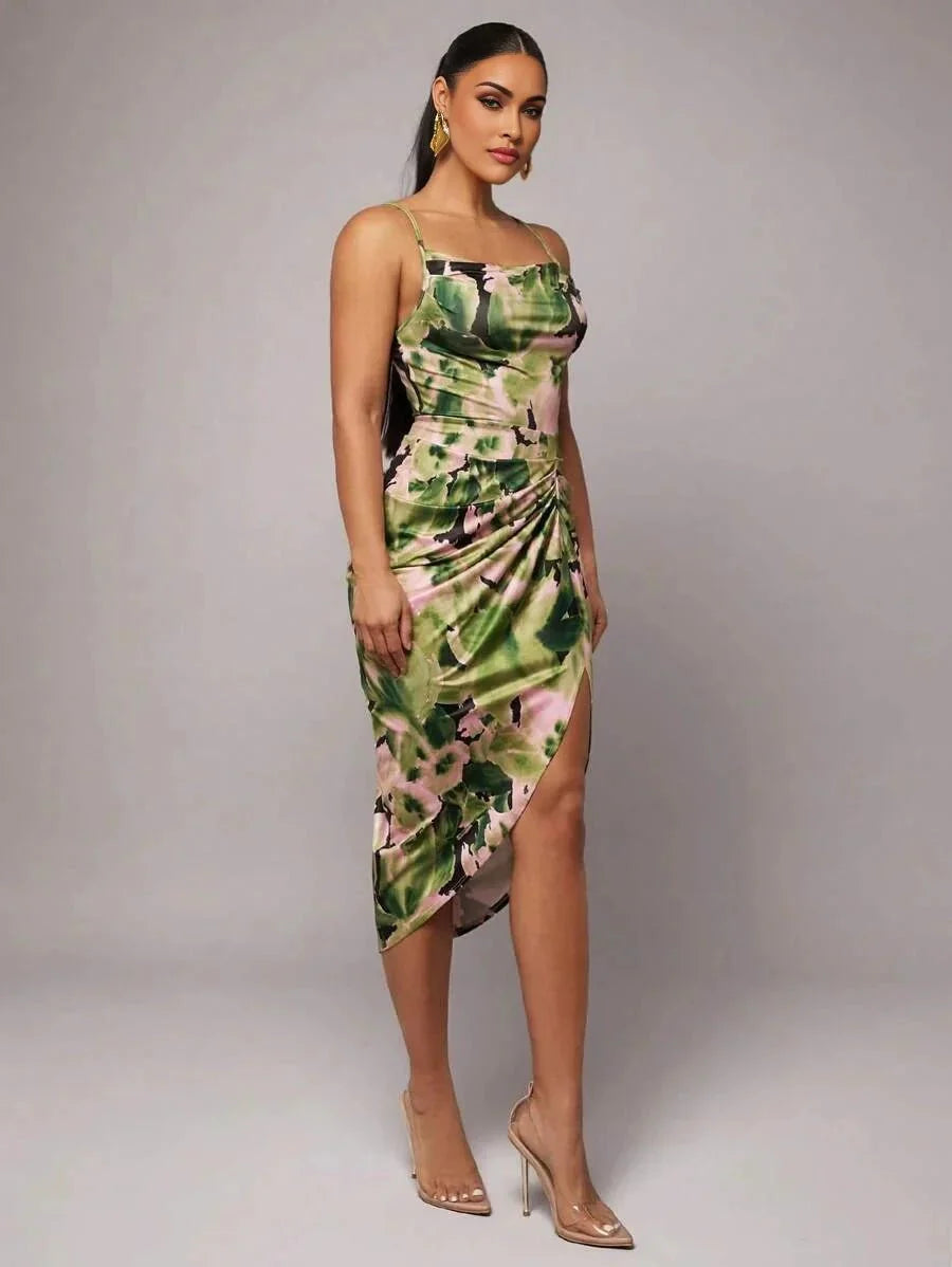 Ninetta Midi Dress - Spaghetti Strap - High Waist - Backless - Ruched - Boho Style