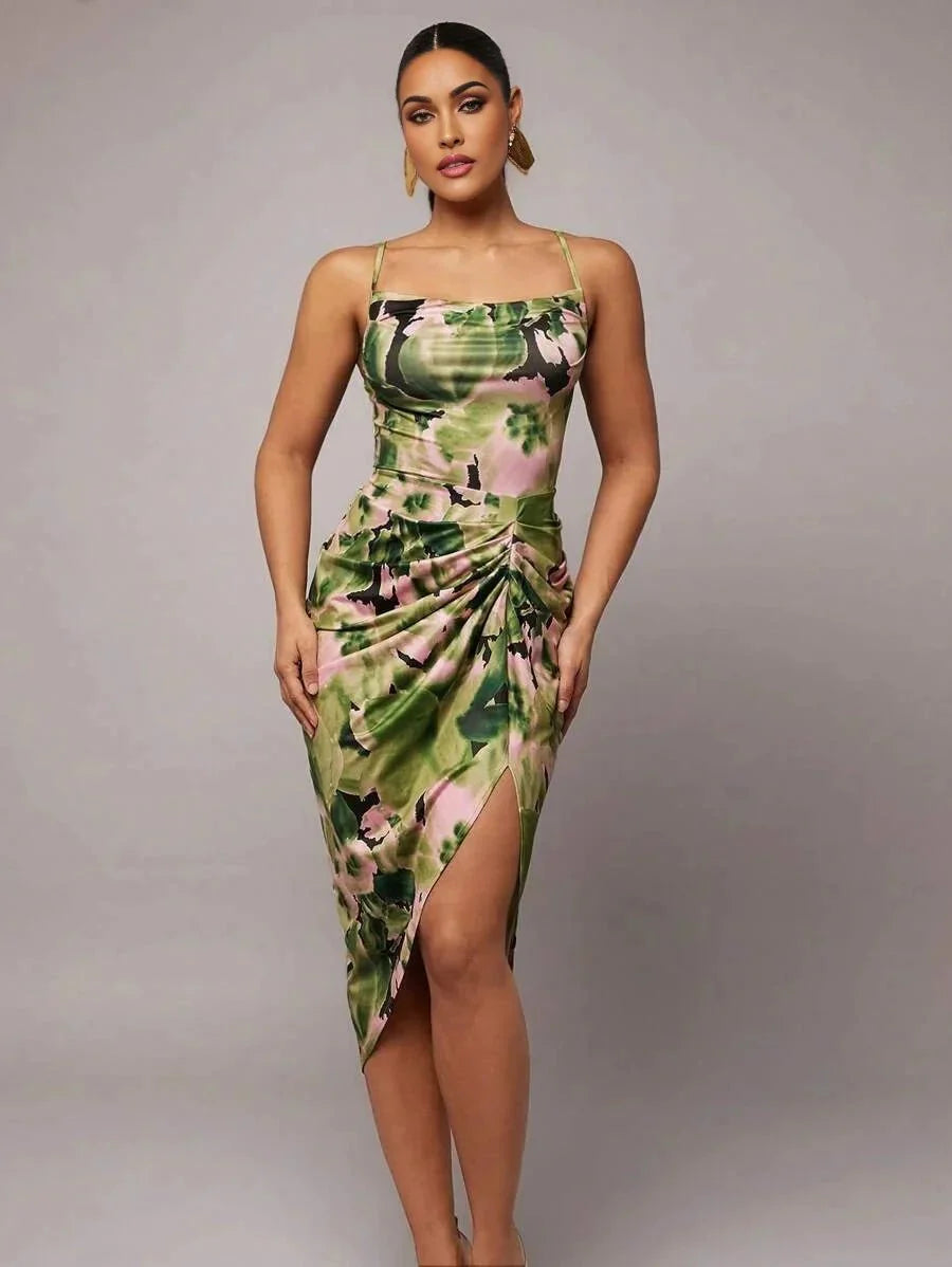 Ninetta Midi Dress - Spaghetti Strap - High Waist - Backless - Ruched - Boho Style