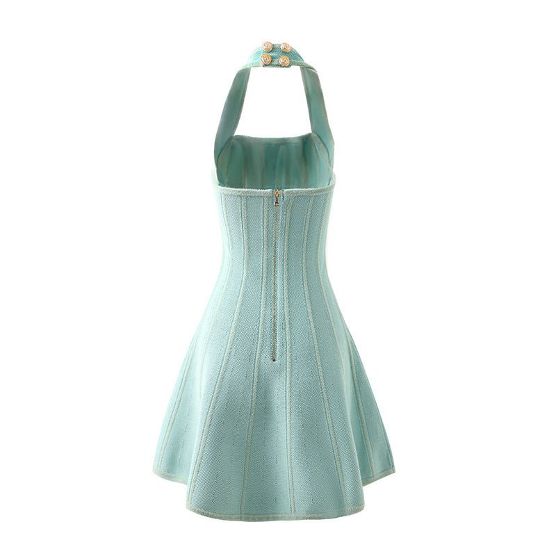 Ninfa Dress - Flared A - Line Silhouette - Halter Neck Style - Vertical Ribbed Pattern - Fashion - Forward Design