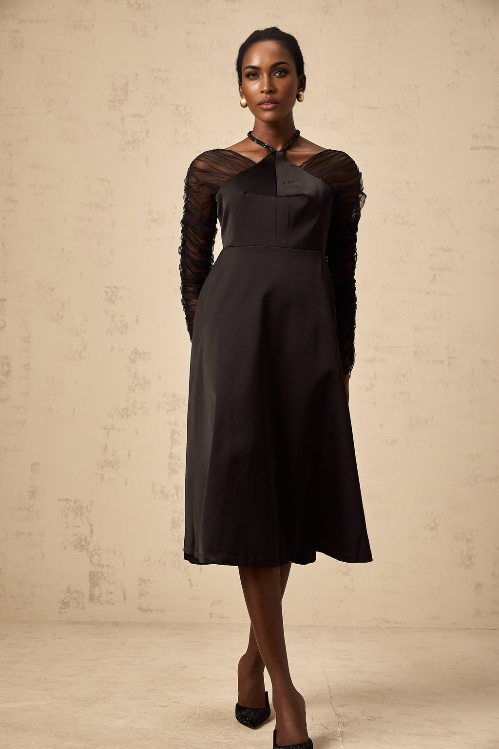 Ninfa Midi Dress Black Panelled Halterneck Flared Skirt & Rear Zip