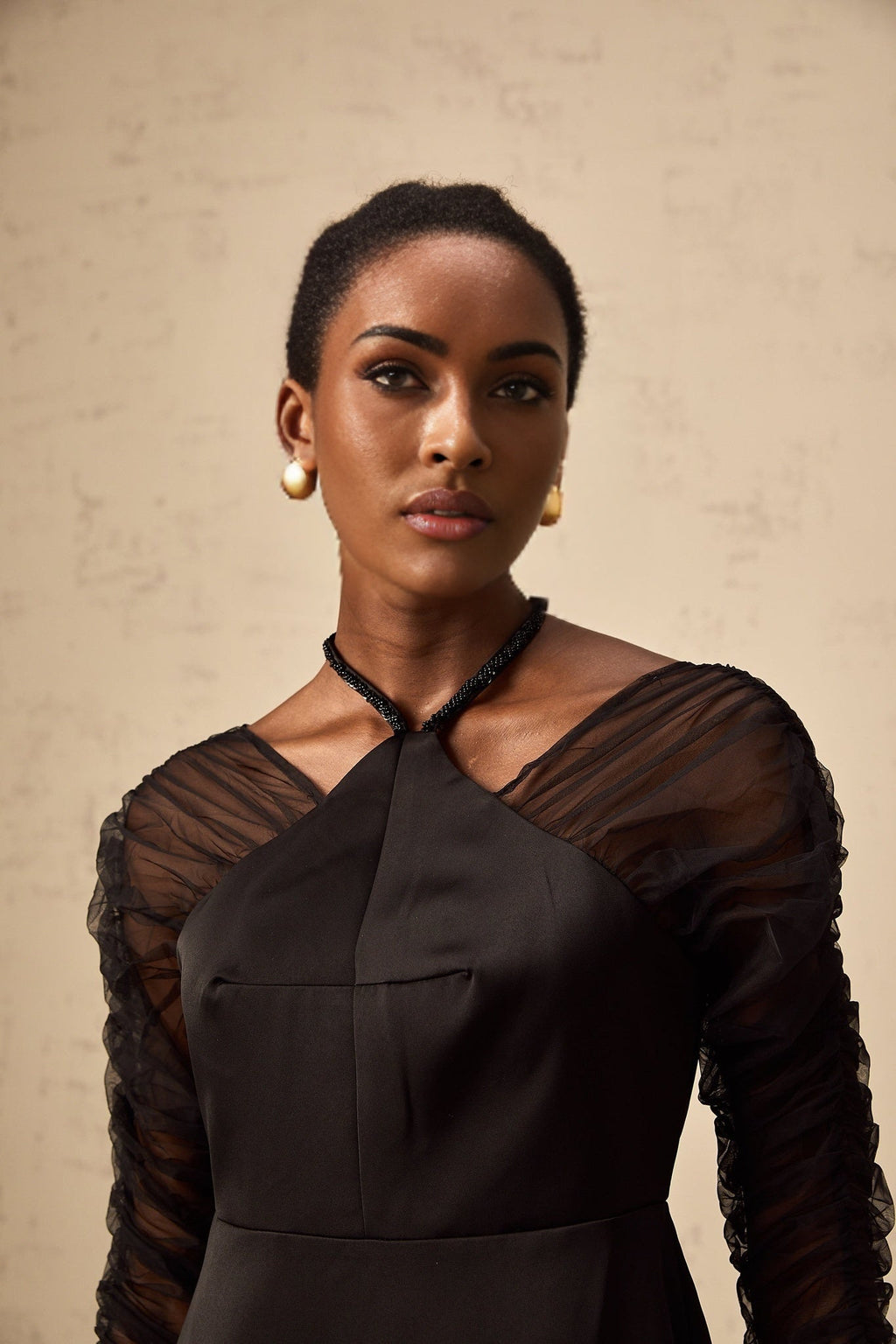 Ninfa Midi Dress Black Panelled Halterneck Flared Skirt & Rear Zip