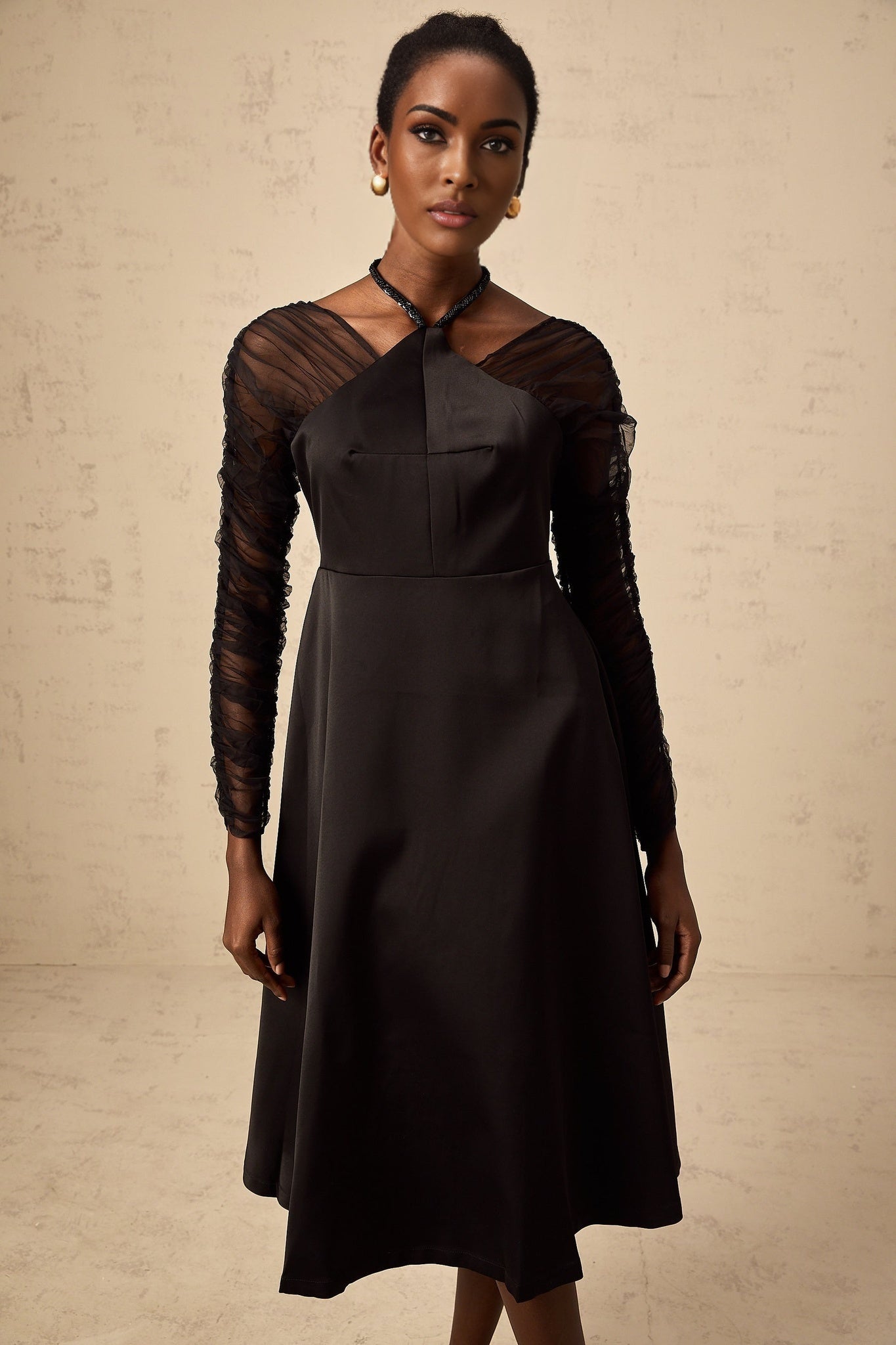 Ninfa Midi Dress Black Panelled Halterneck Flared Skirt & Rear Zip