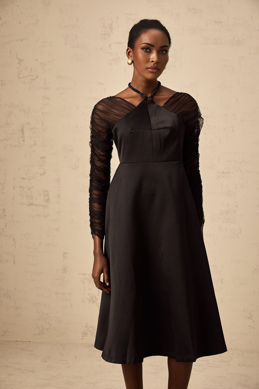Ninfa Midi Dress Black Panelled Halterneck Flared Skirt & Rear Zip