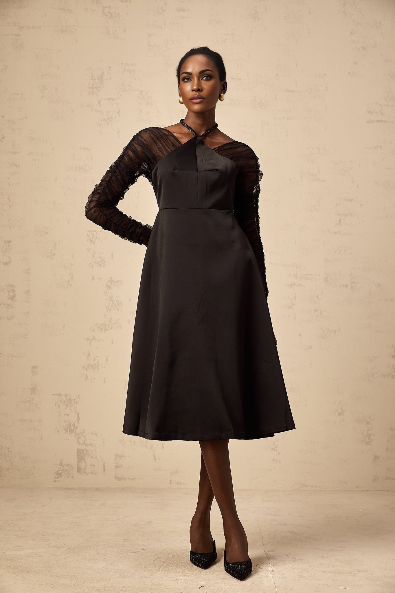 Ninfa Midi Dress Black Panelled Halterneck Flared Skirt & Rear Zip