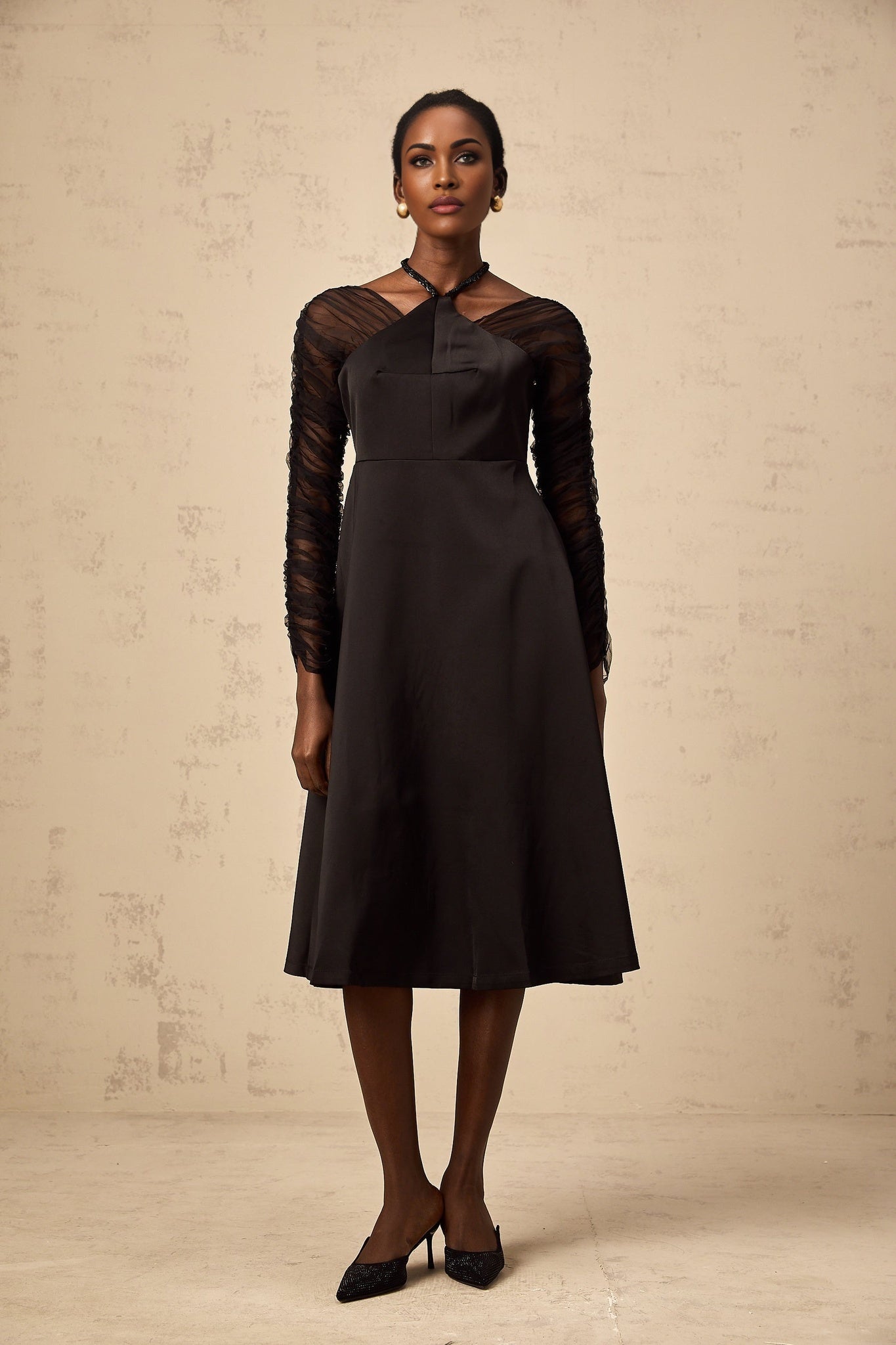 Ninfa Midi Dress Black Panelled Halterneck Flared Skirt & Rear Zip