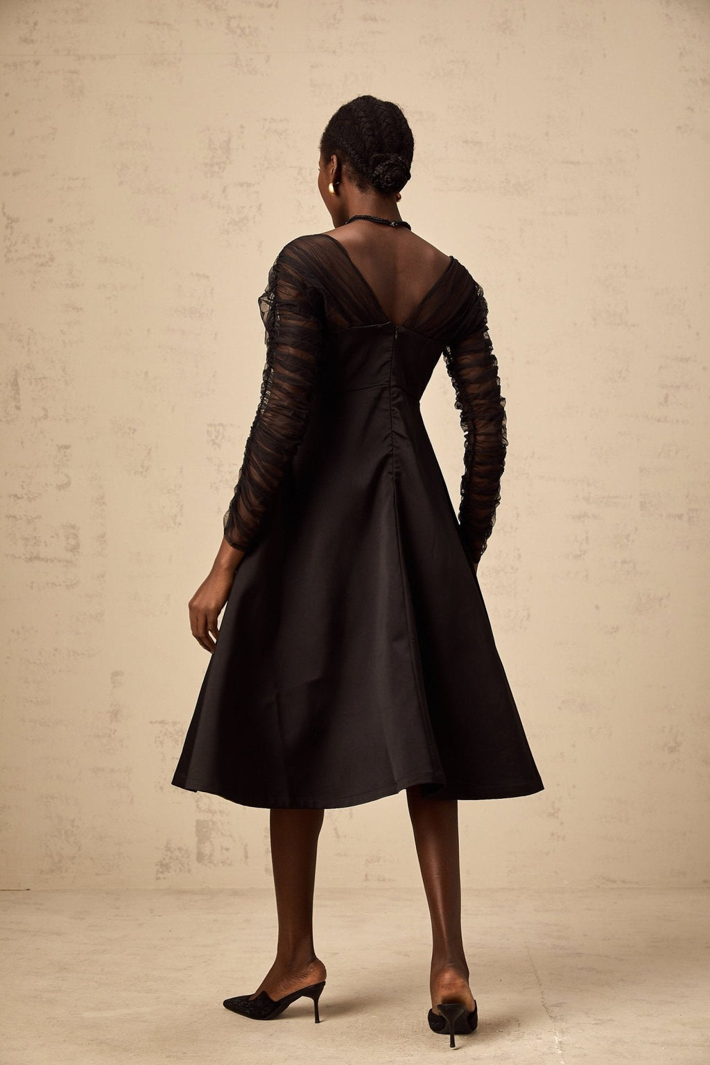 Ninfa Midi Dress Black Panelled Halterneck Flared Skirt & Rear Zip