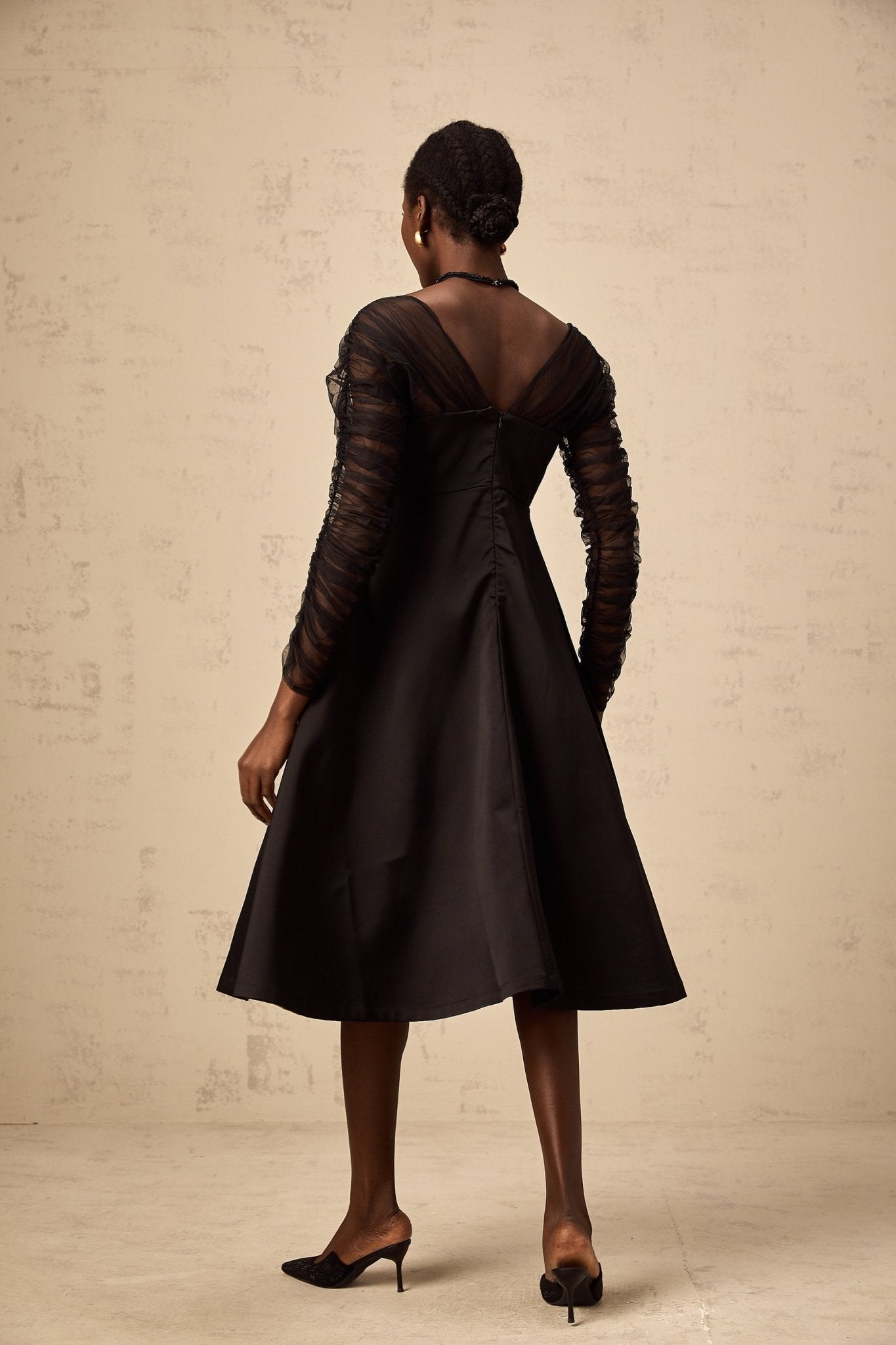 Ninfa Midi Dress Black Panelled Halterneck Flared Skirt & Rear Zip