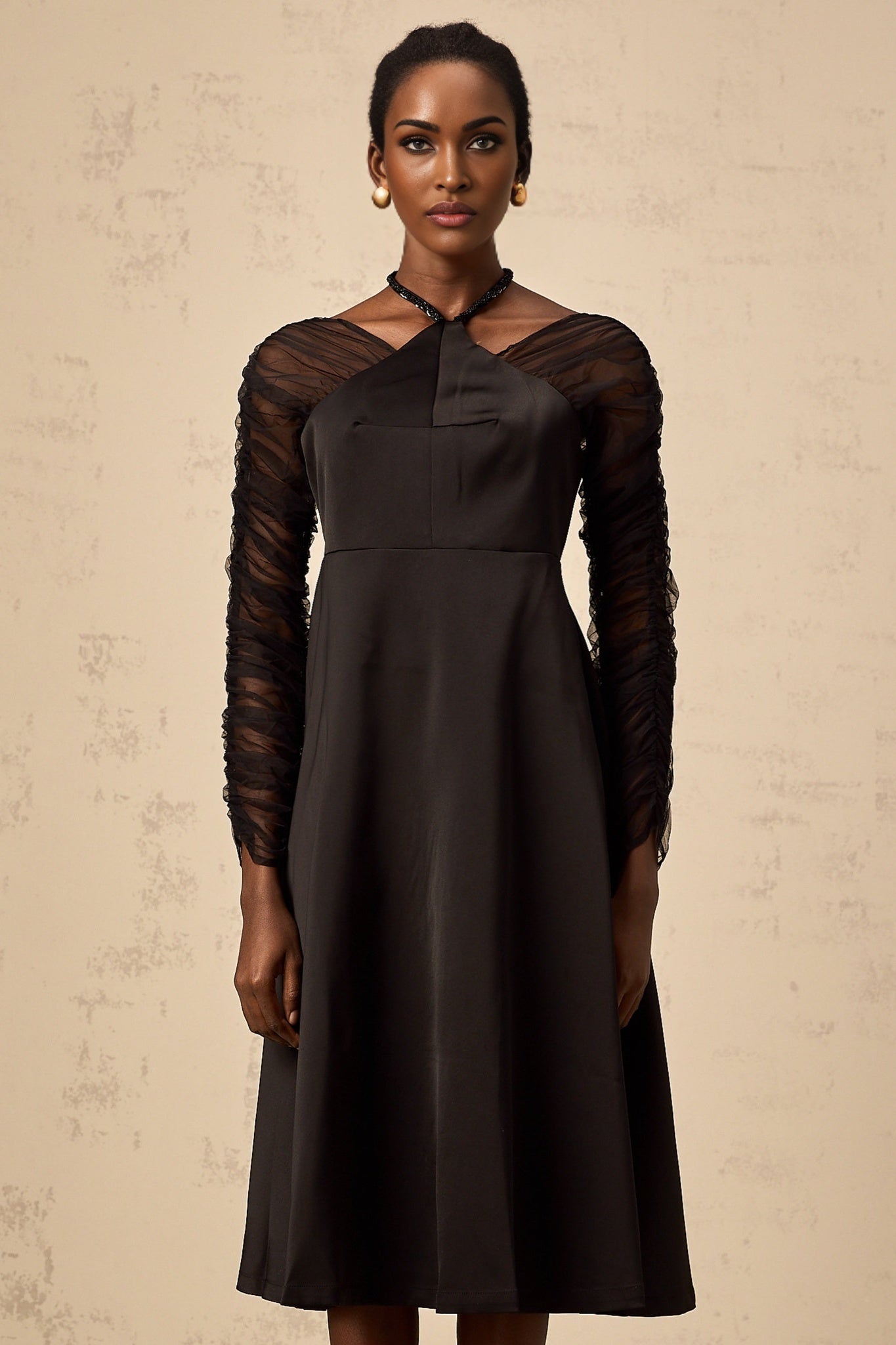 Ninfa Midi Dress Black Panelled Halterneck Flared Skirt & Rear Zip