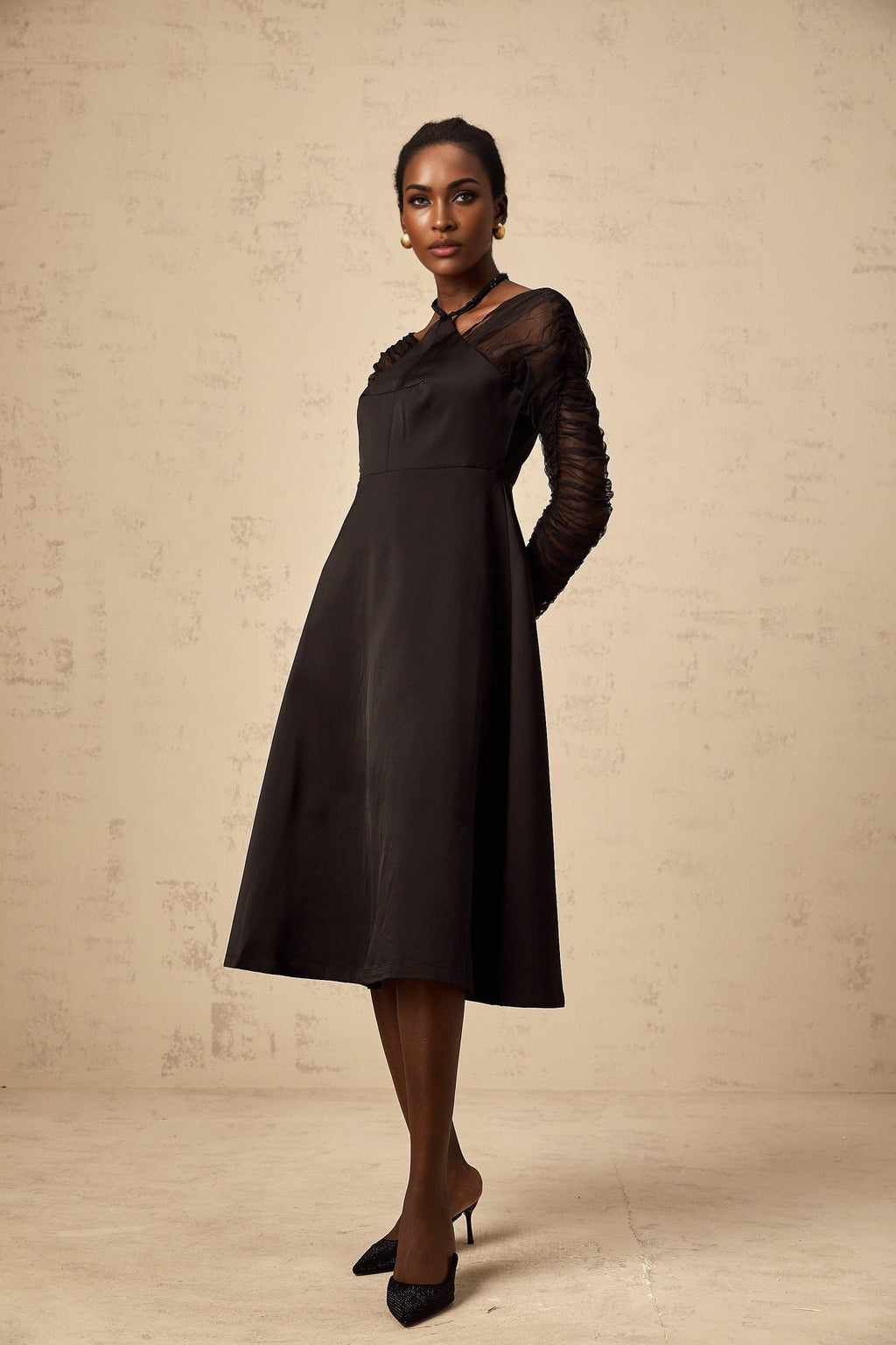 Ninfa Midi Dress Black Panelled Halterneck Flared Skirt & Rear Zip