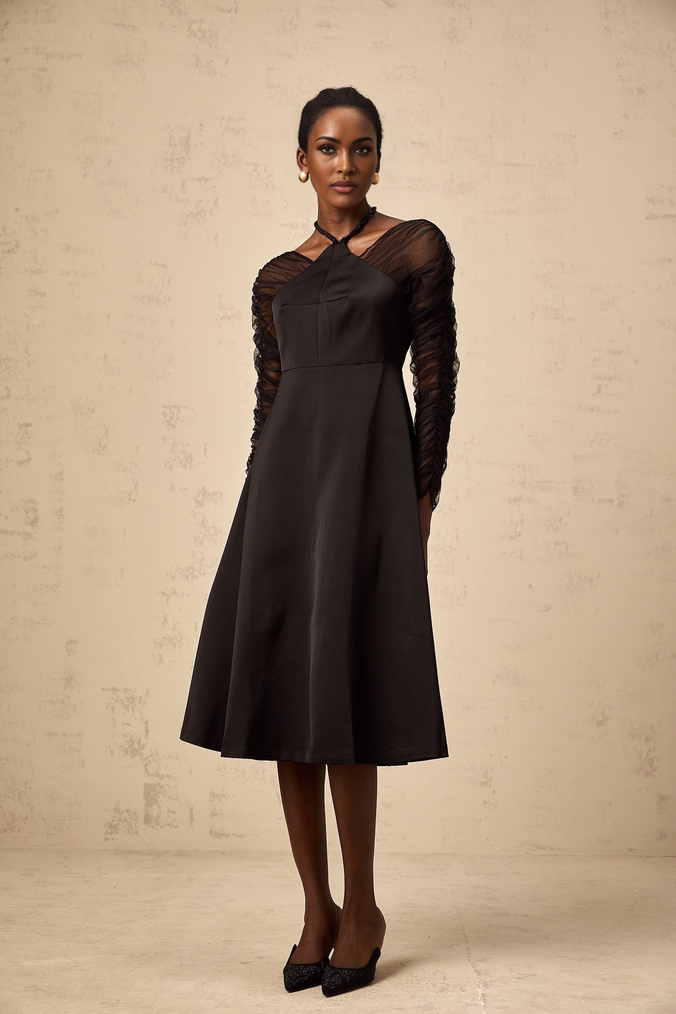 Ninfa Midi Dress Black Panelled Halterneck Flared Skirt & Rear Zip