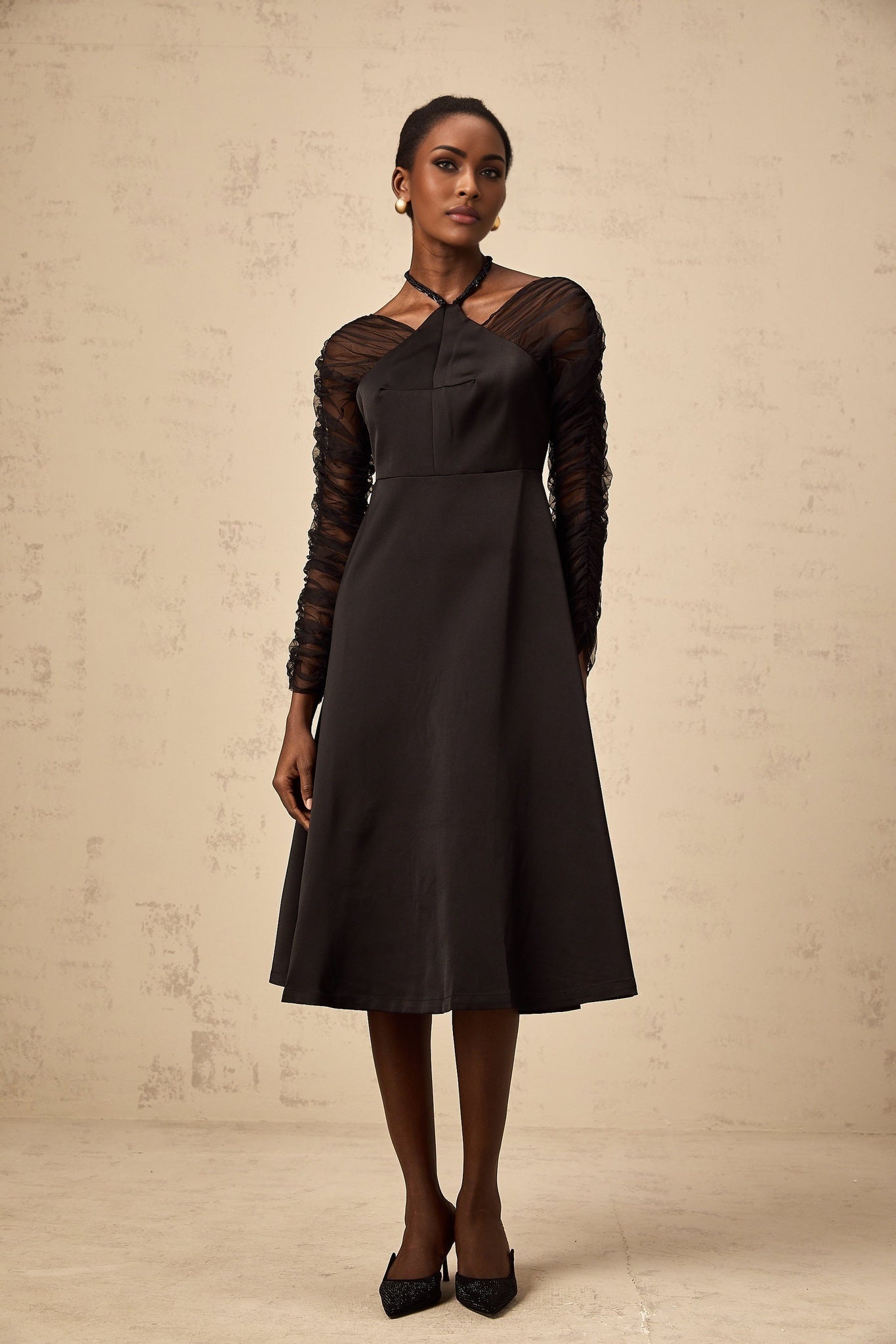 Ninfa Midi Dress Black Panelled Halterneck Flared Skirt & Rear Zip