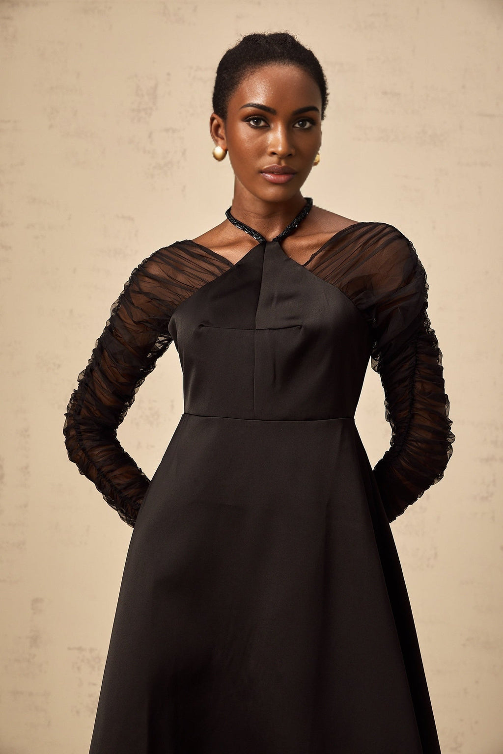 Ninfa Midi Dress Black Panelled Halterneck Flared Skirt & Rear Zip