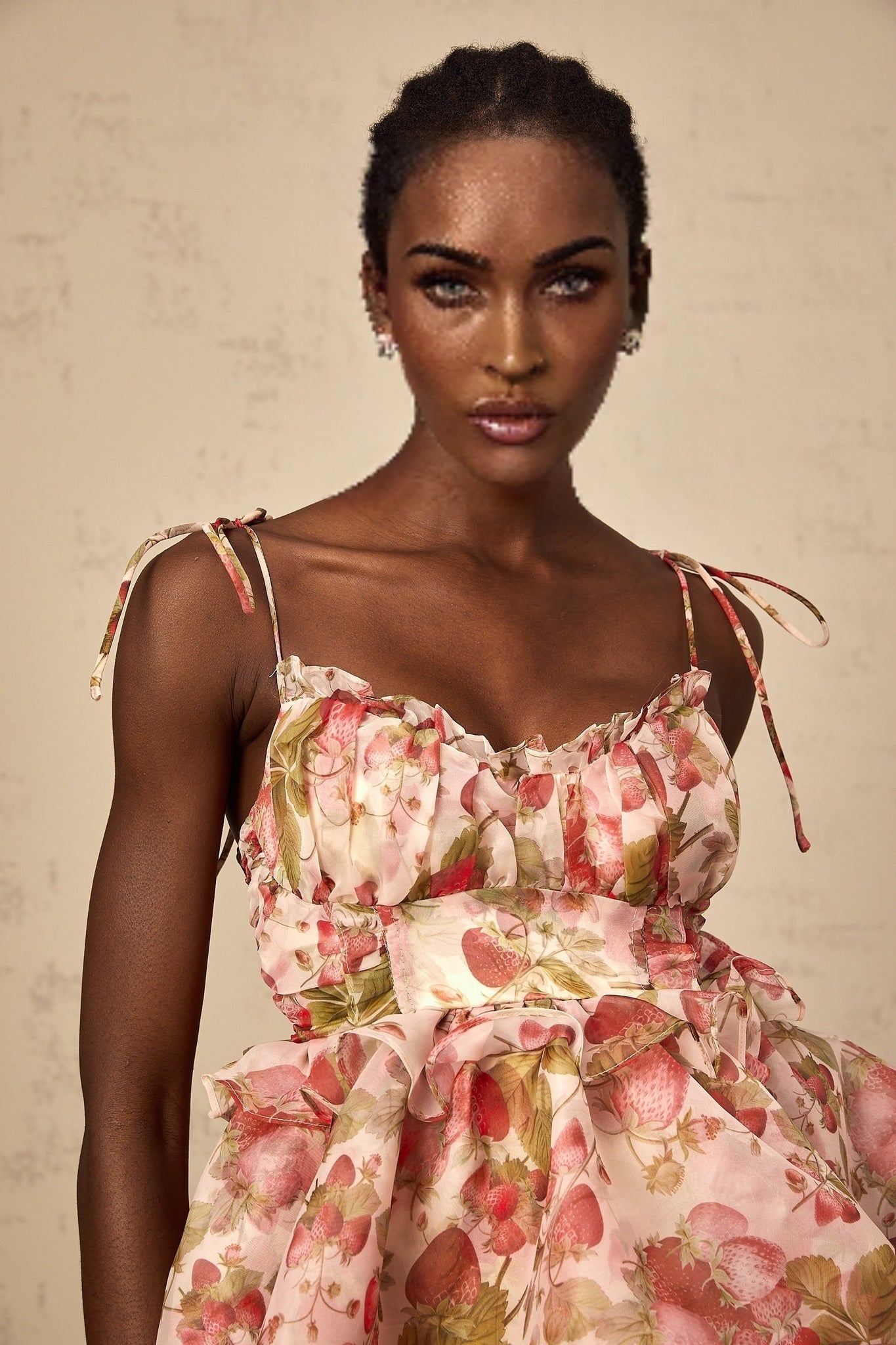 Ninfa Mini Dress Strawberry Flounce Lace Up Bustier Pink Multicolor