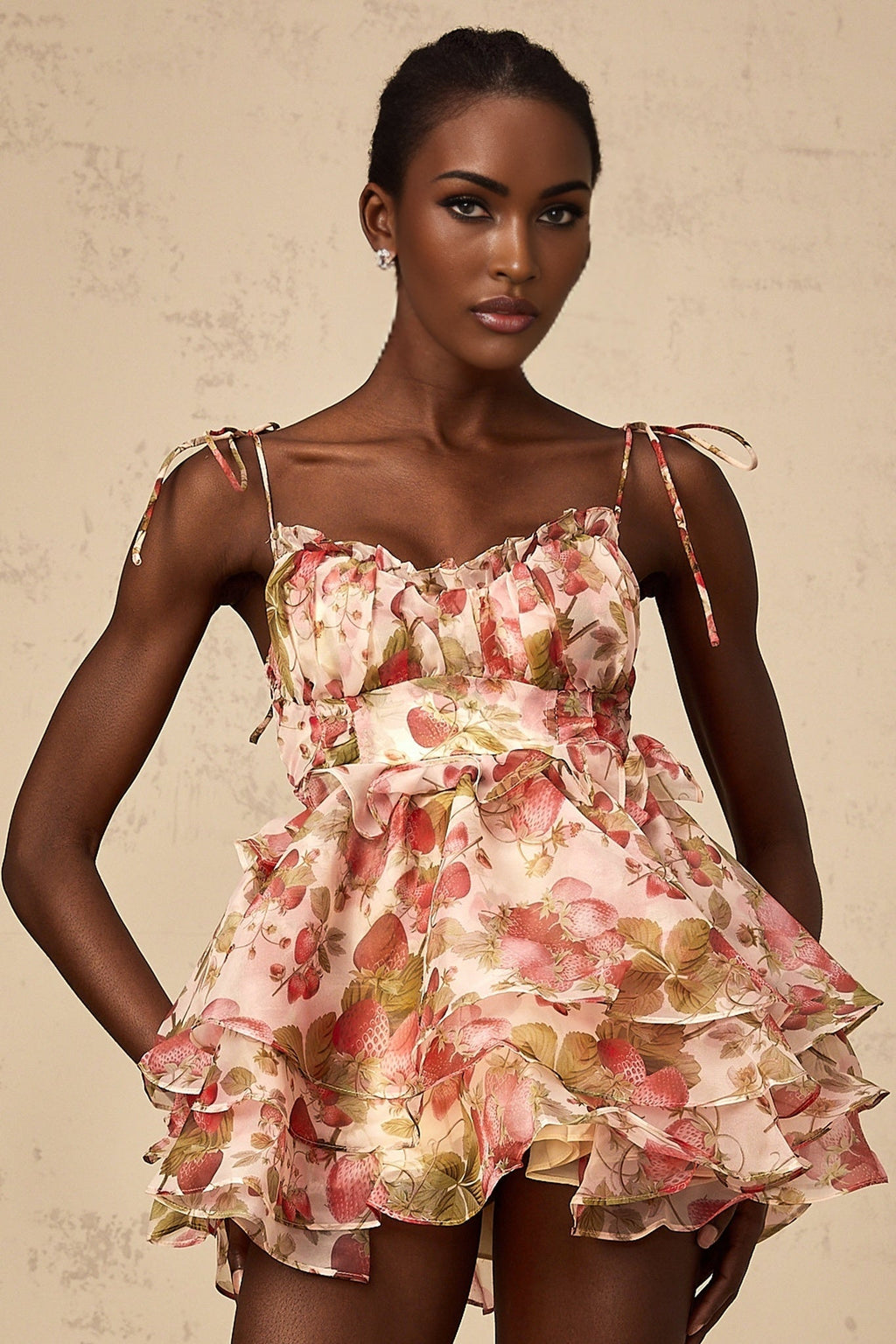 Ninfa Mini Dress Strawberry Flounce Lace Up Bustier Pink Multicolor