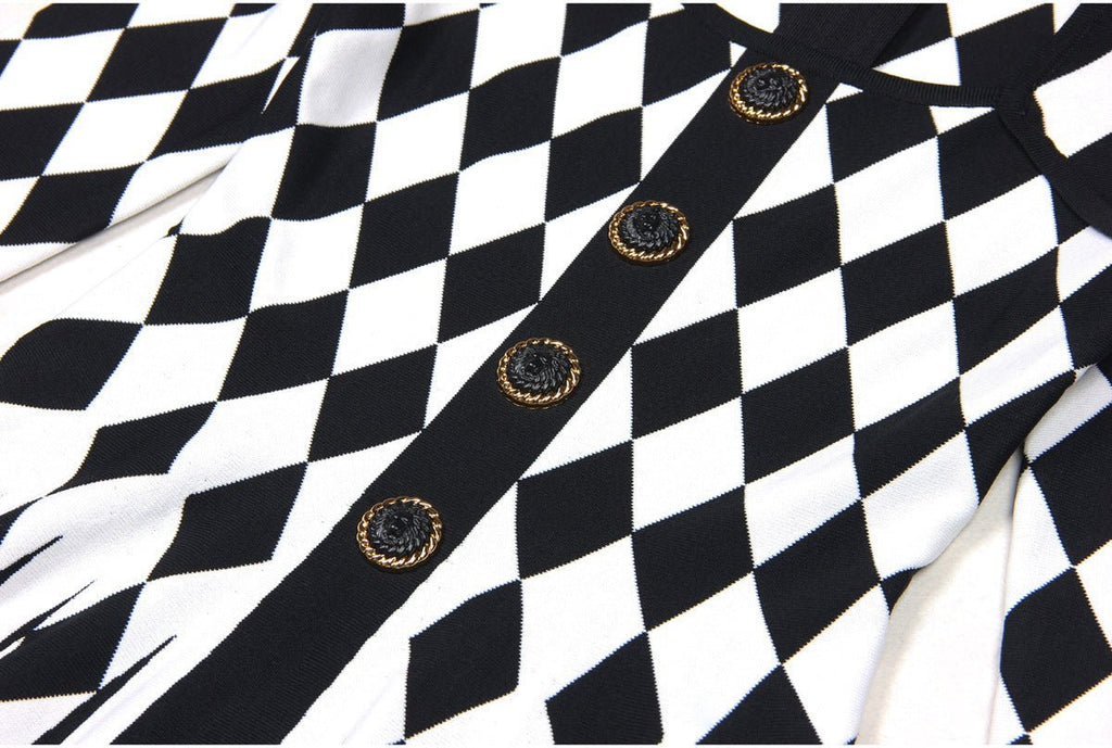 Nives Dress - Form - Fitting Silhouette - Geometric Harlequin Pattern - Stretchy Knit Fabric - Gold Decorative Buttons