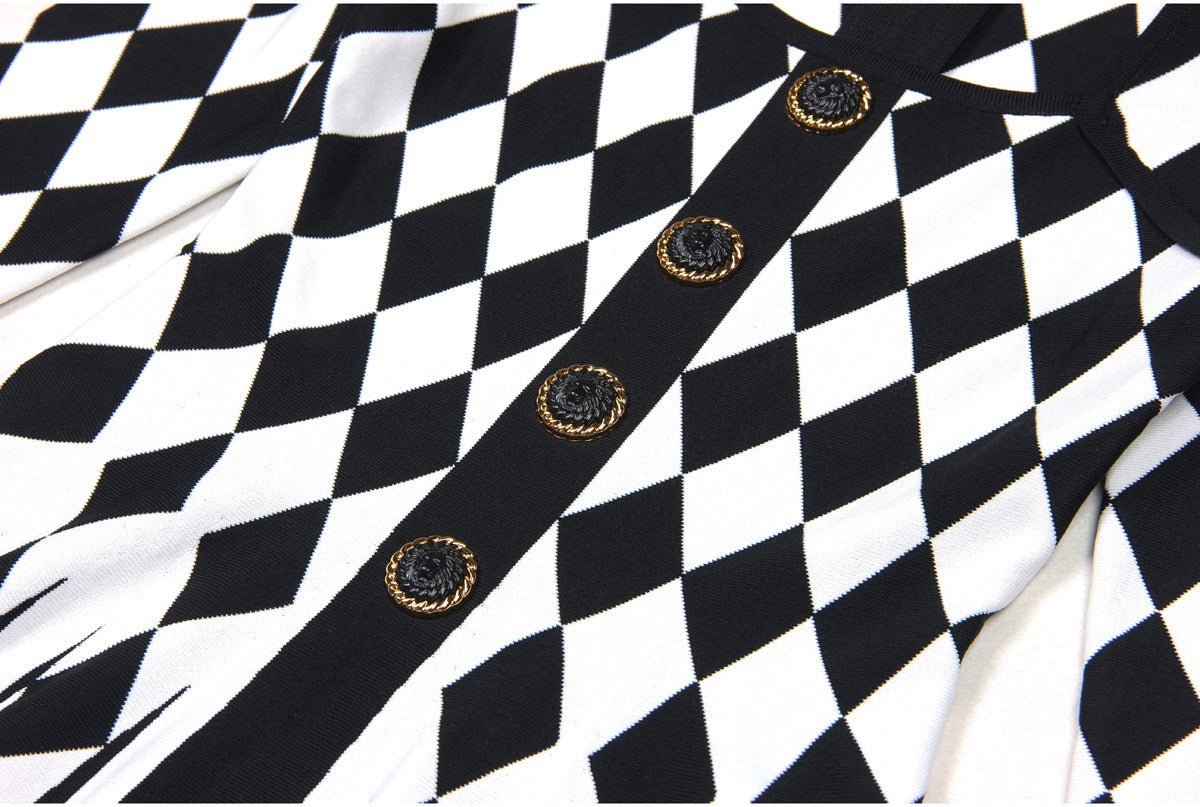 Nives Dress - Form - Fitting Silhouette - Geometric Harlequin Pattern - Stretchy Knit Fabric - Gold Decorative Buttons