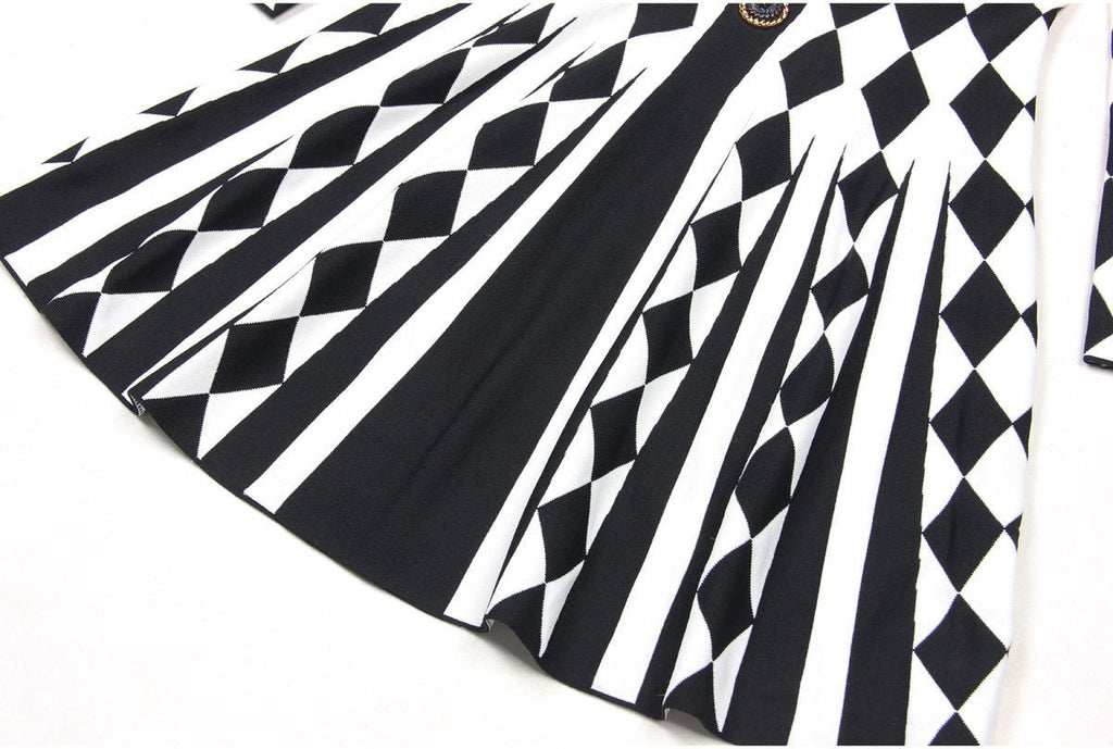 Nives Dress - Form - Fitting Silhouette - Geometric Harlequin Pattern - Stretchy Knit Fabric - Gold Decorative Buttons
