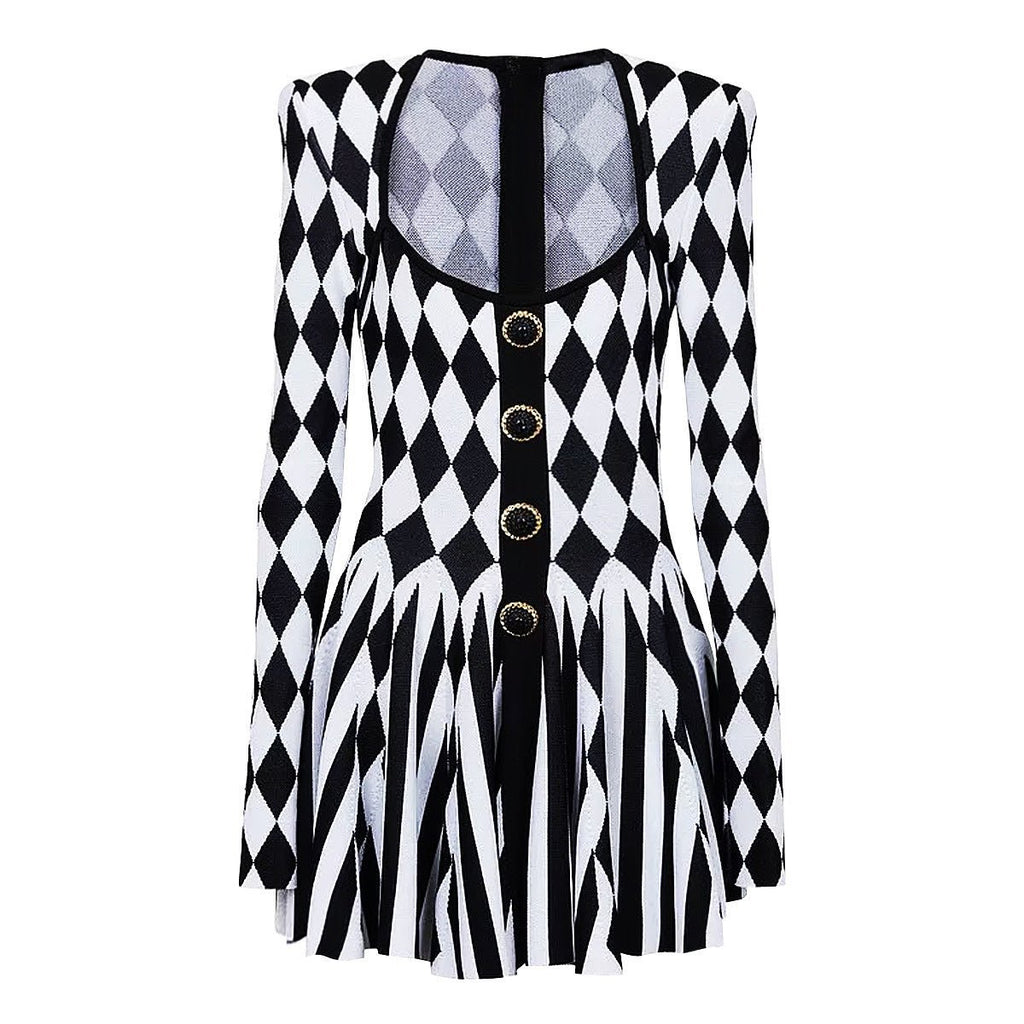 Nives Dress - Form - Fitting Silhouette - Geometric Harlequin Pattern - Stretchy Knit Fabric - Gold Decorative Buttons