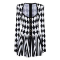 Nives Dress - Form - Fitting Silhouette - Geometric Harlequin Pattern - Stretchy Knit Fabric - Gold Decorative Buttons