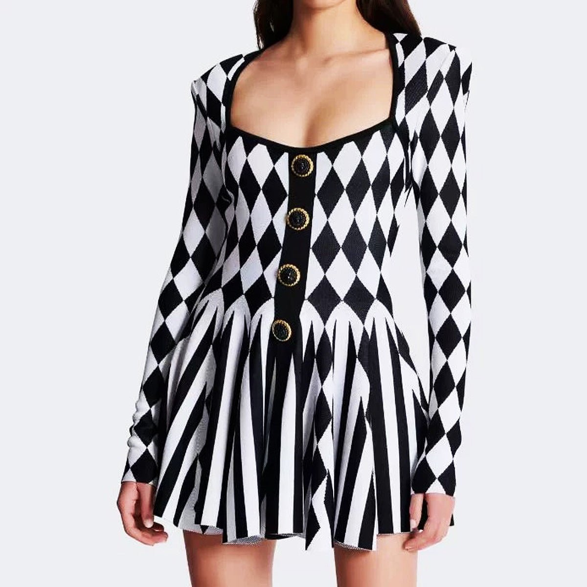 Nives Dress - Form - Fitting Silhouette - Geometric Harlequin Pattern - Stretchy Knit Fabric - Gold Decorative Buttons