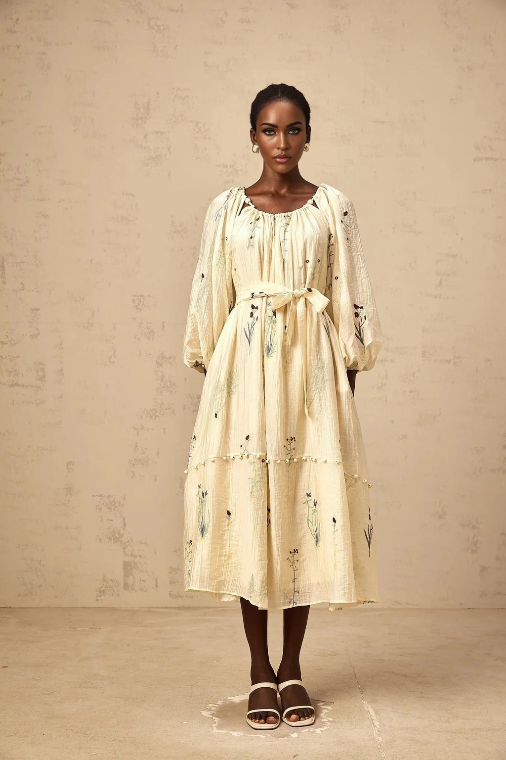 Nives Midi Dress Beige Flower Embroidered & Beaded Calf - Length