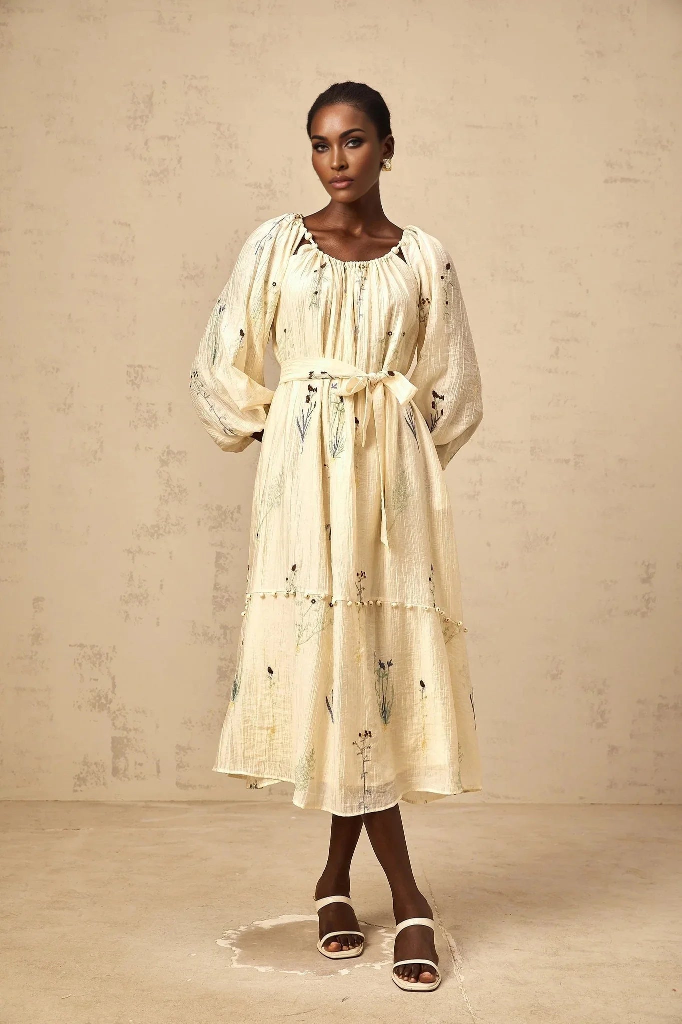 Nives Midi Dress Beige Flower Embroidered & Beaded Calf - Length