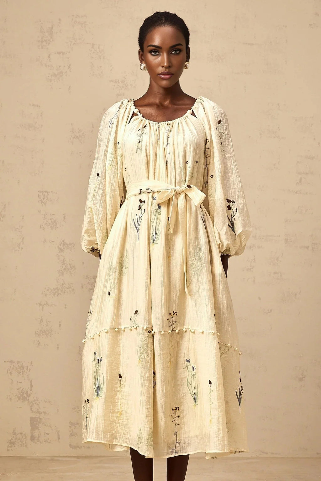 Nives Midi Dress Beige Flower Embroidered & Beaded Calf - Length