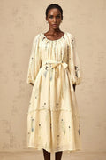 Nives Midi Dress Beige Flower Embroidered & Beaded Calf - Length