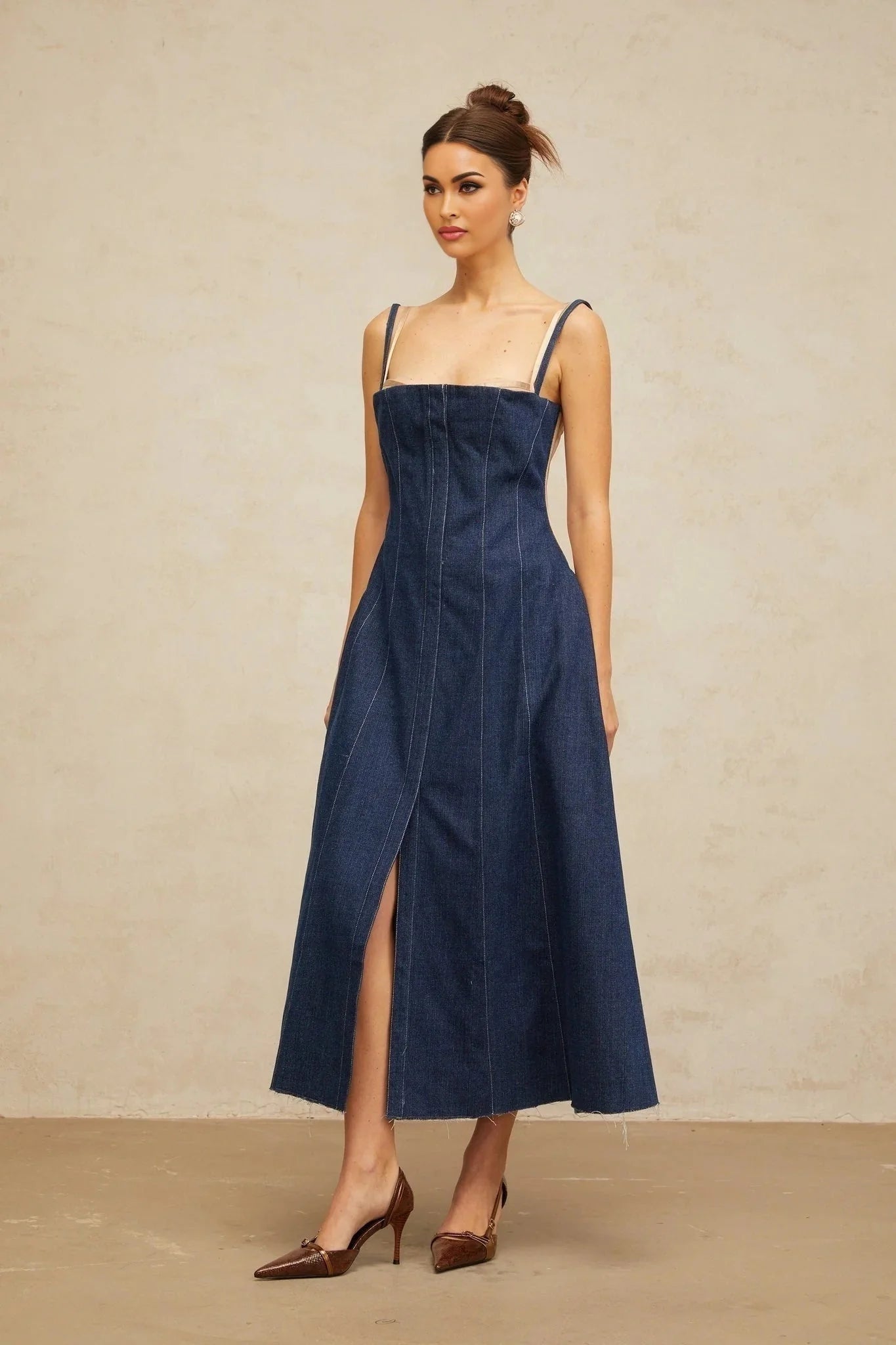 Nives Midi Dress Indigo - Blue Denim Tulle Panelled Square - Neck Slit Zip & Lined