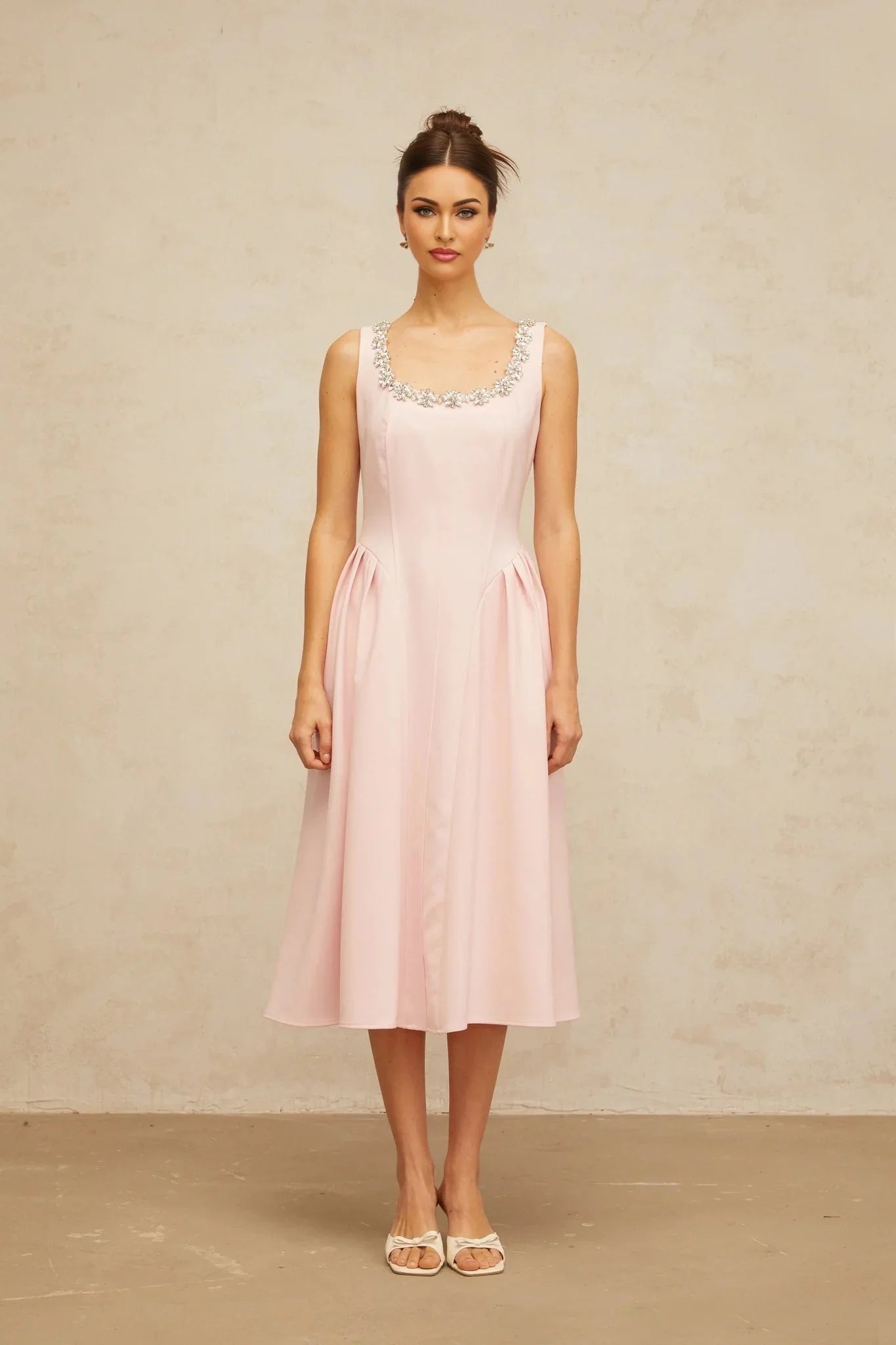 Nives Midi Dress Pink Crystal Pleated Embellishment