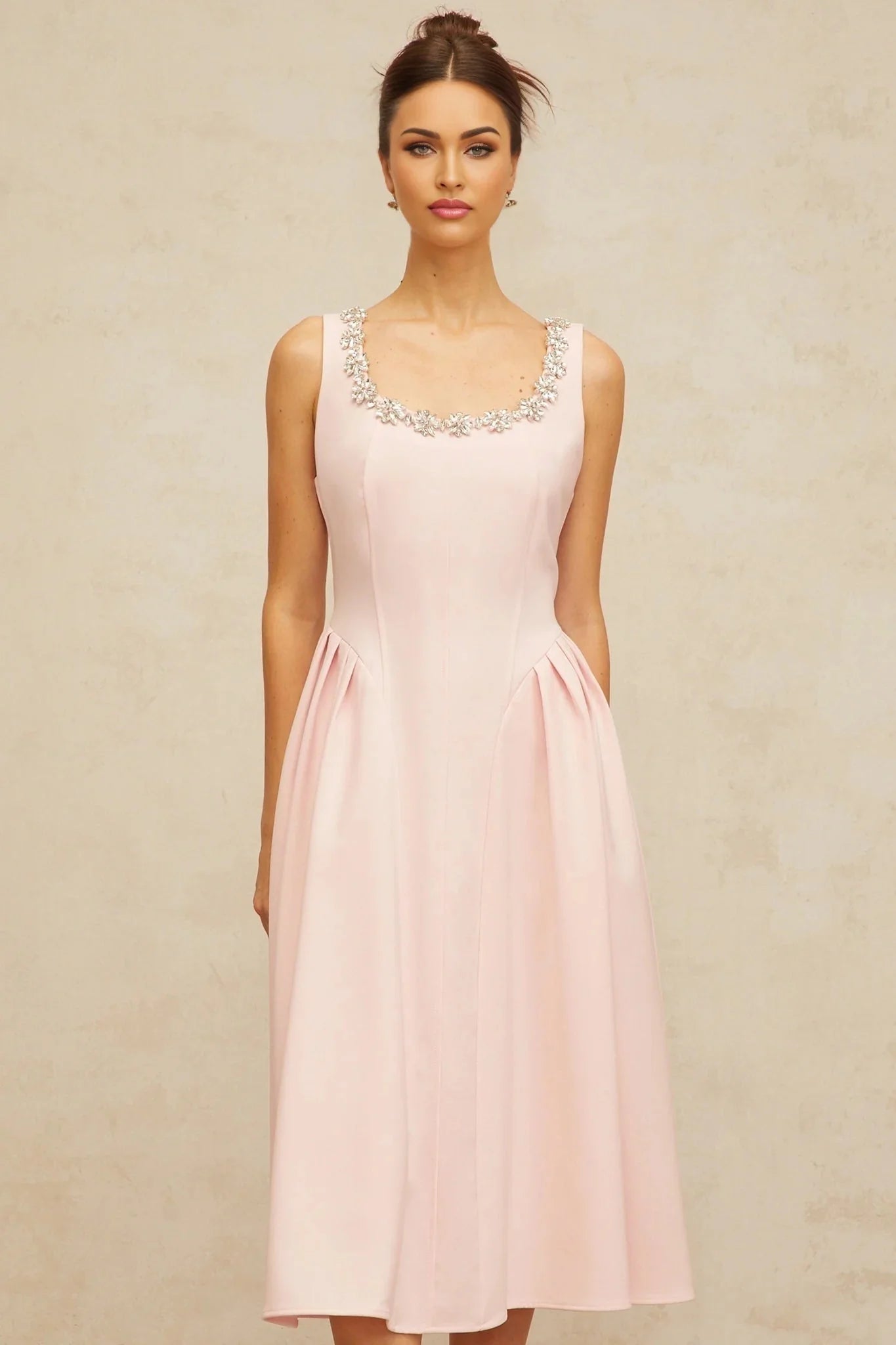 Nives Midi Dress Pink Crystal Pleated Embellishment