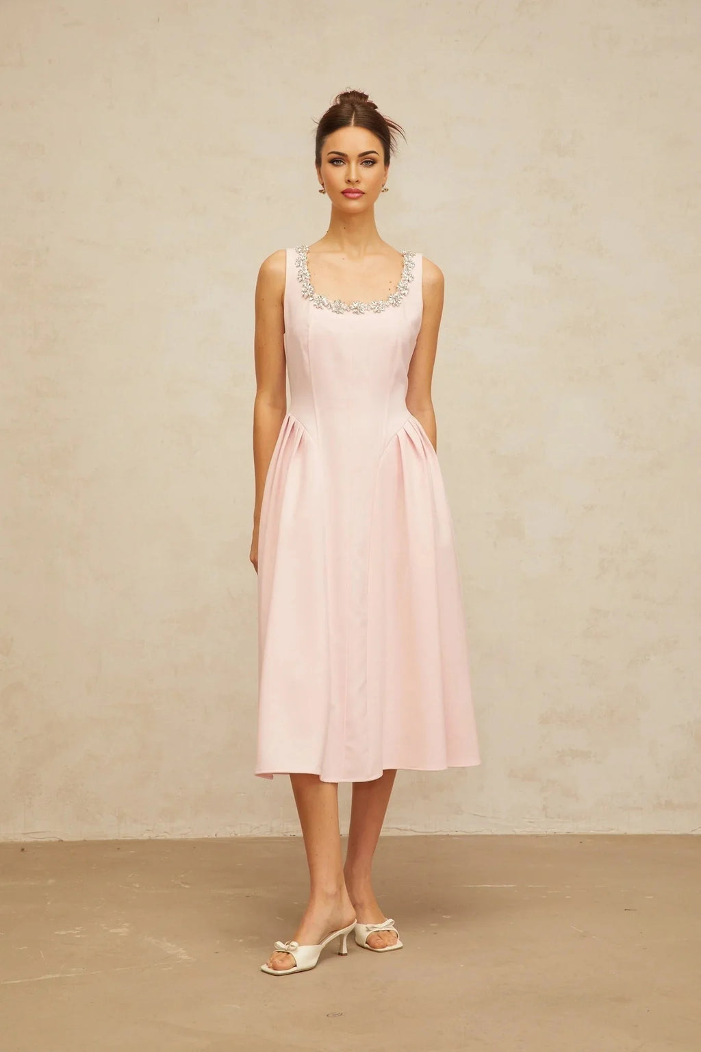 Nives Midi Dress Pink Crystal Pleated Embellishment