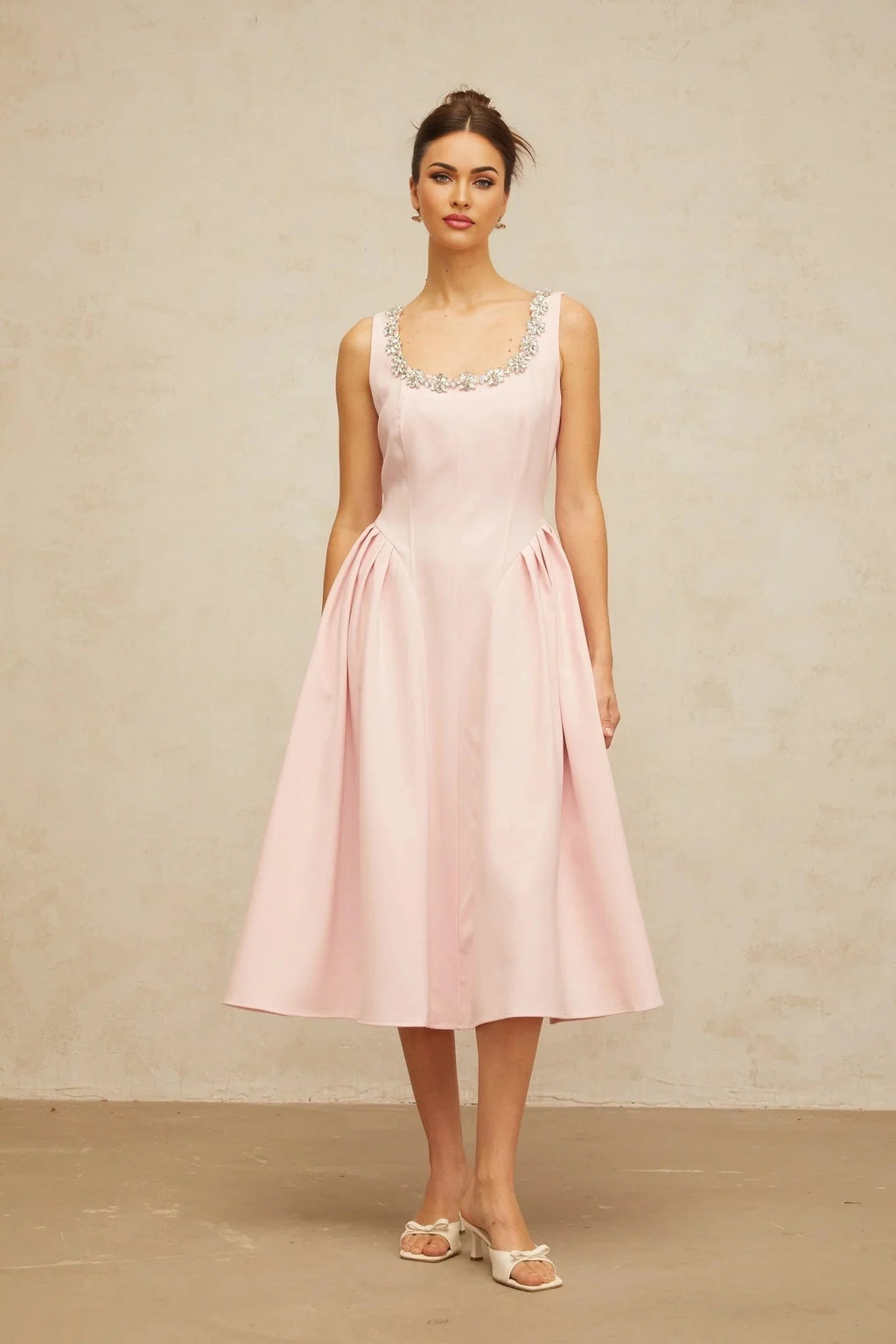Nives Midi Dress Pink Crystal Pleated Embellishment