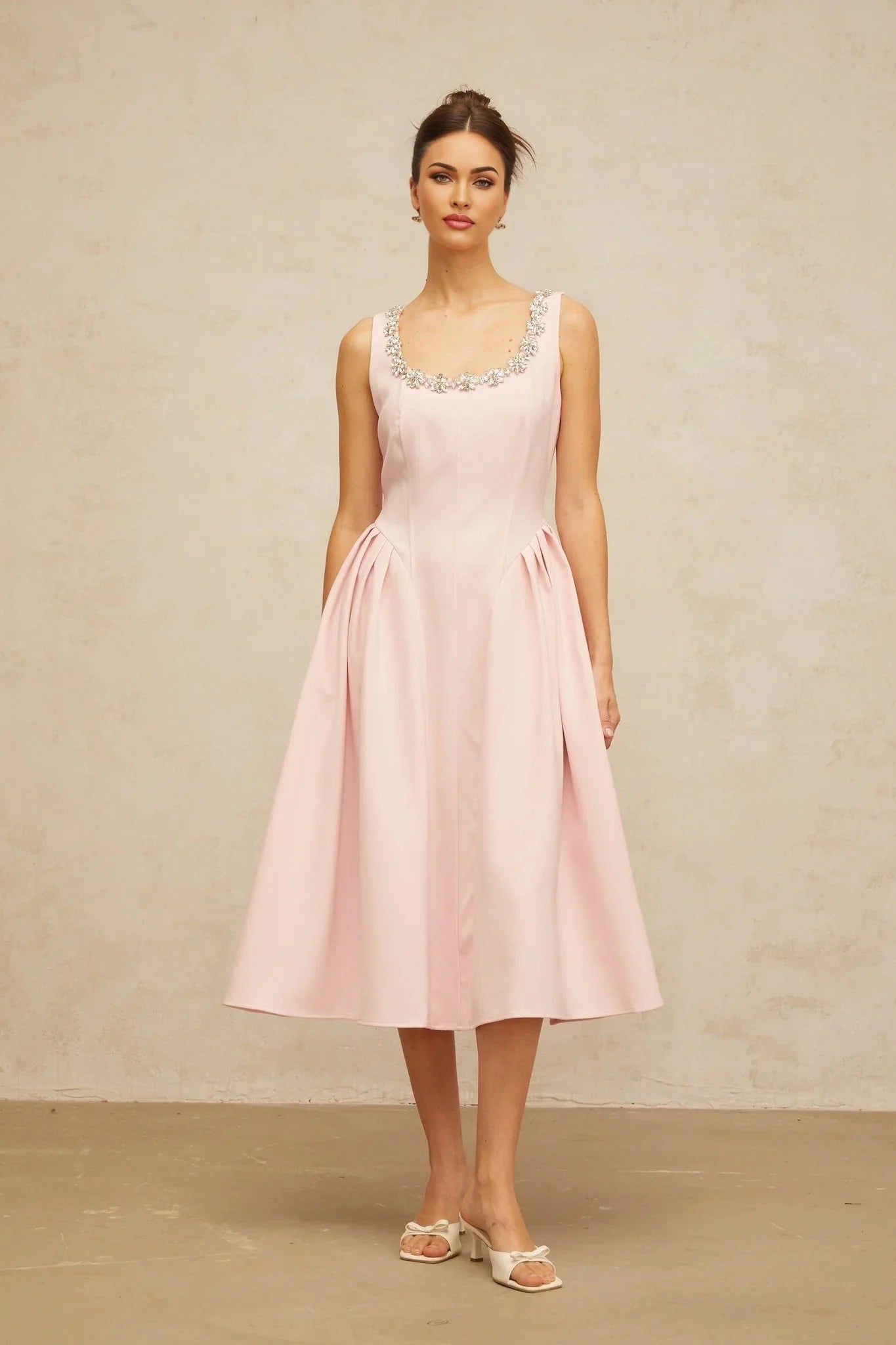 Nives Midi Dress Pink Crystal Pleated Embellishment