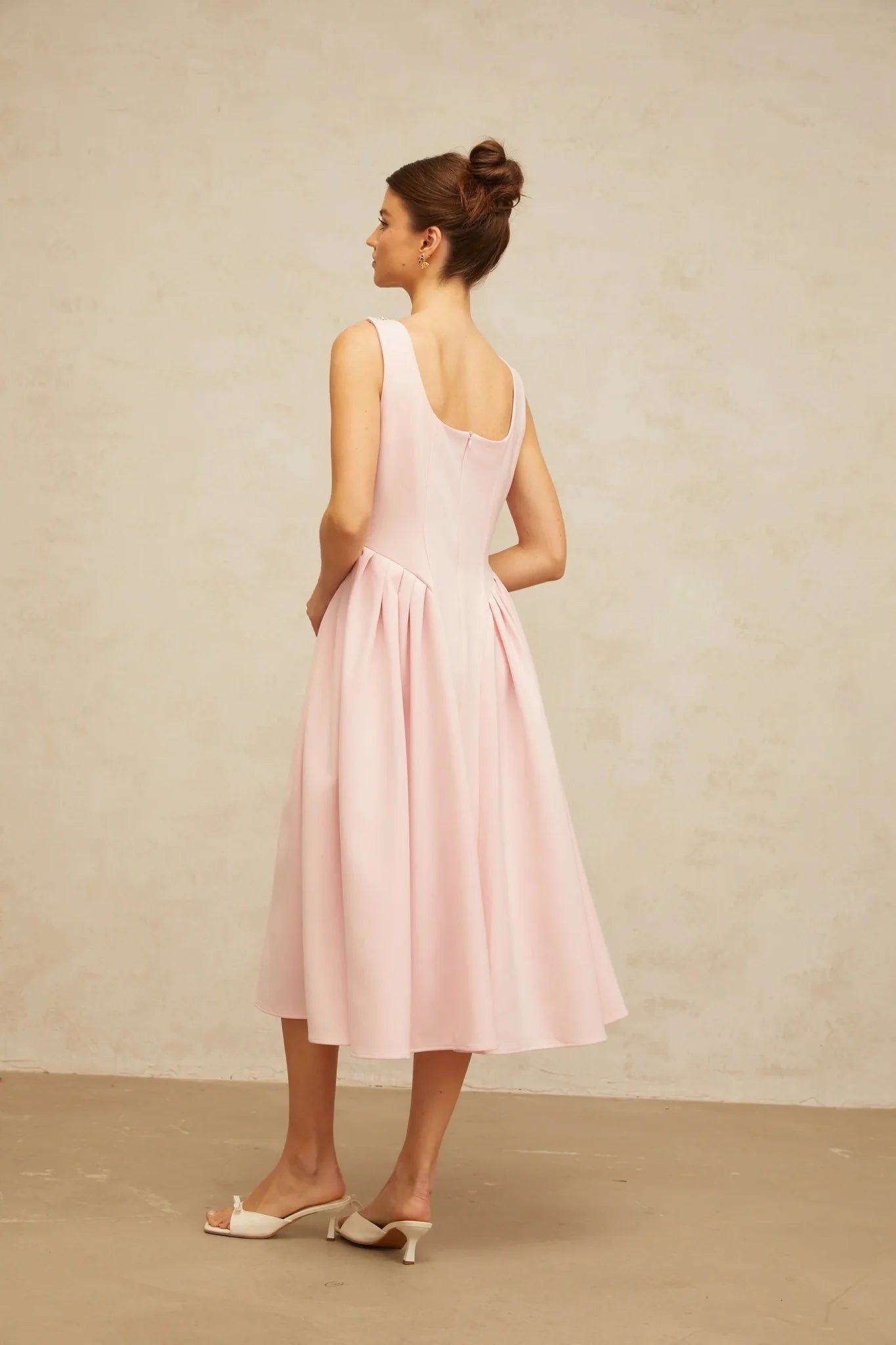 Nives Midi Dress Pink Crystal Pleated Embellishment