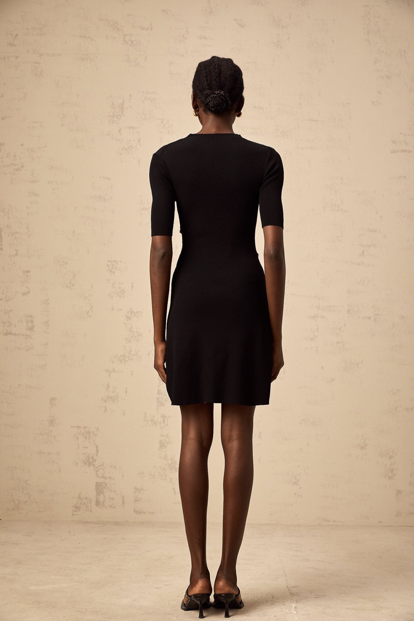 Nives Mini Dress Black Button Detail Fine Knit Thigh Length