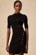 Nives Mini Dress Black Button Detail Fine Knit Thigh Length