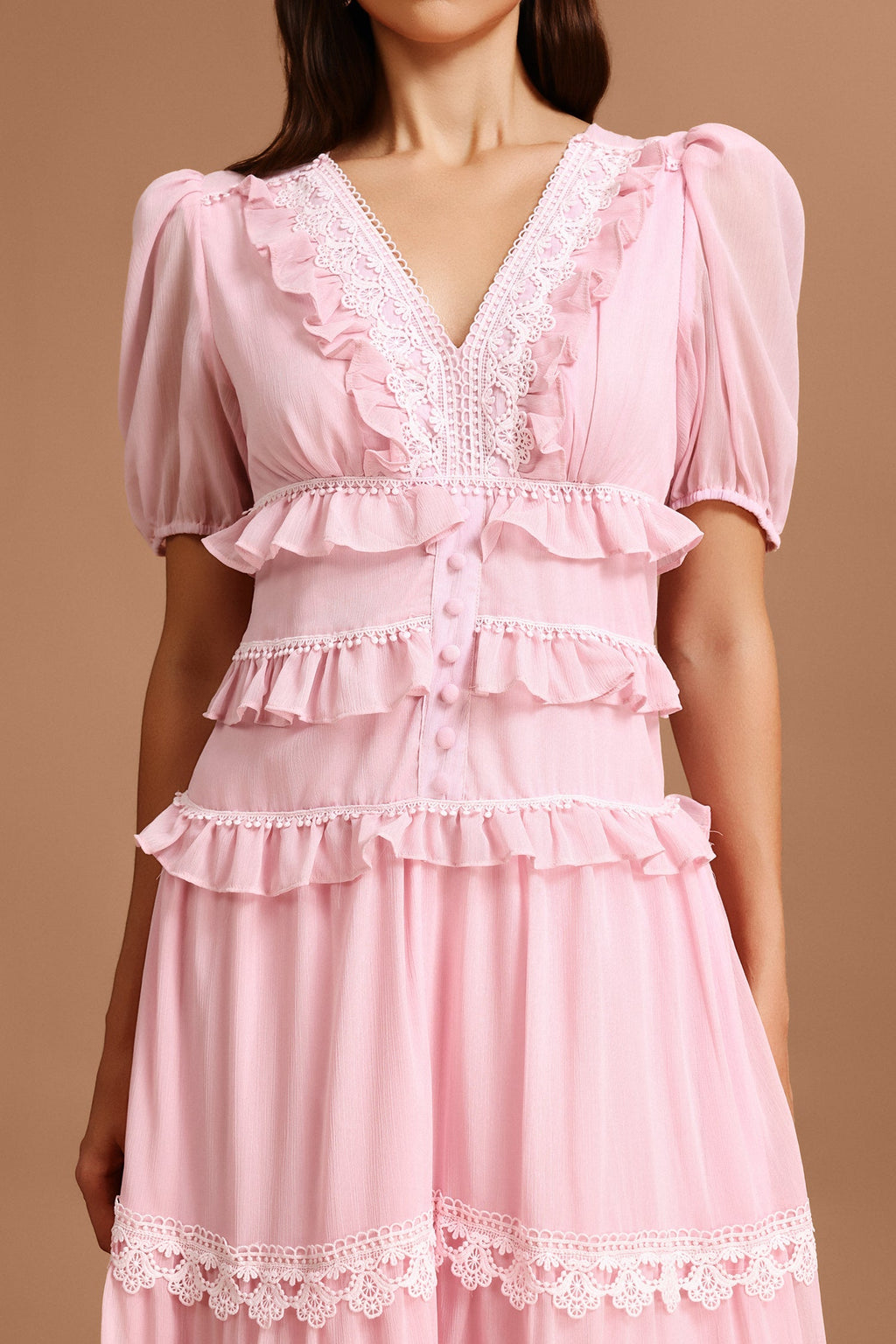 Nives Pink Lace Puff Sleeve V-Neck Tiered Skirt Dress