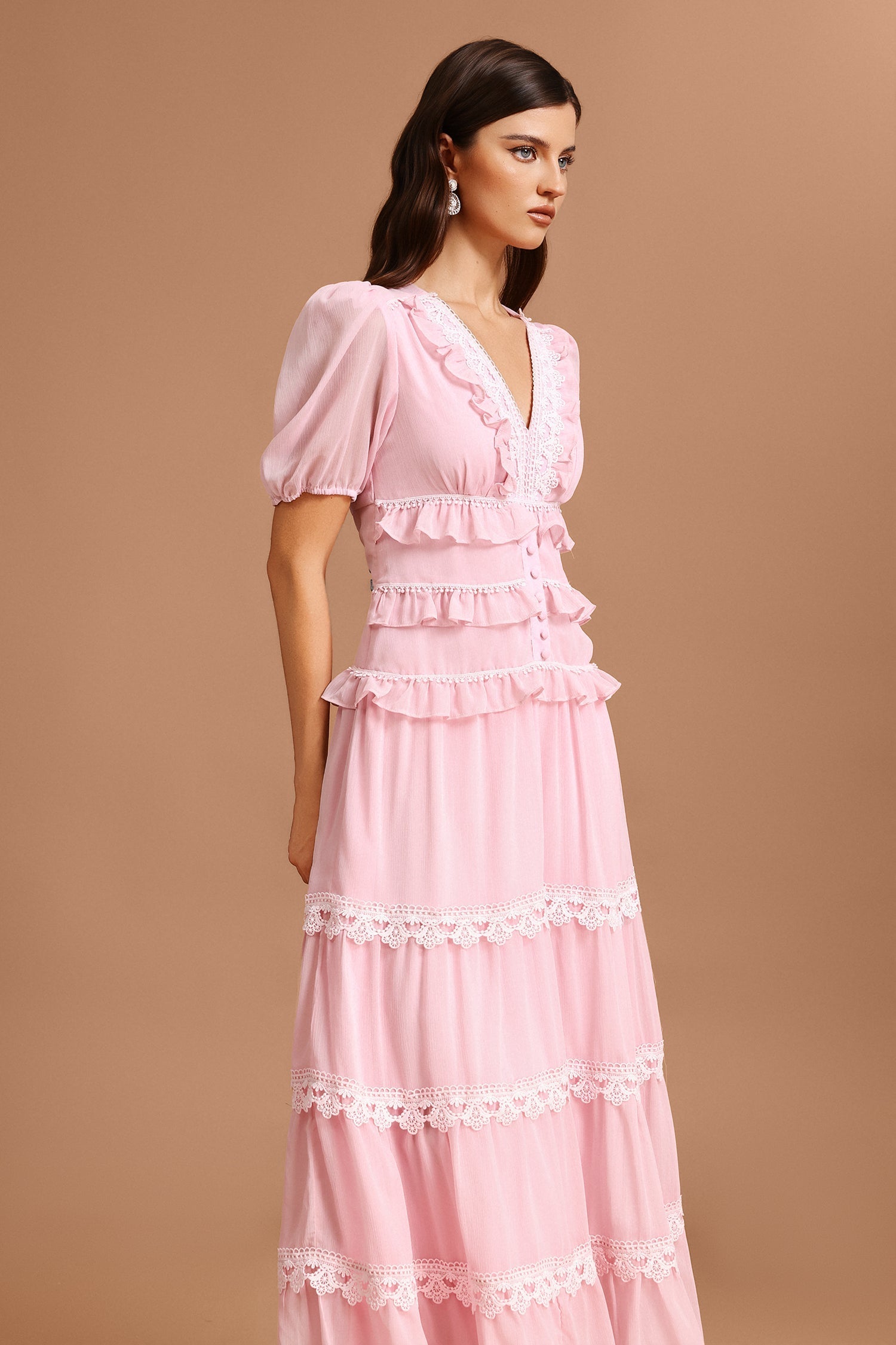 Nives Pink Lace Tiered Dress with Puff Sleeves V-neckline Lightweight Fabric Garden Party Romantic Evening Outfit