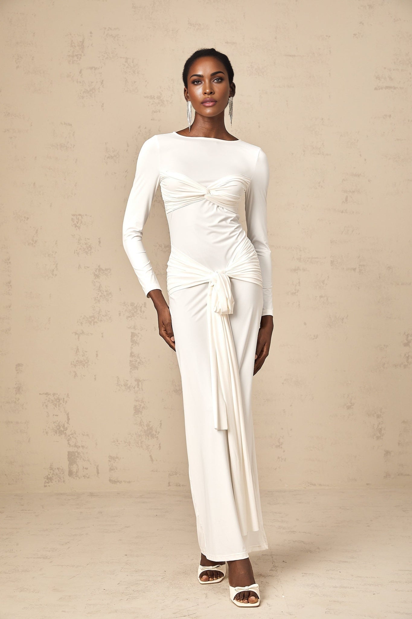 Noemi Maxi Dress in Pure White with Long Sleeves Ruched