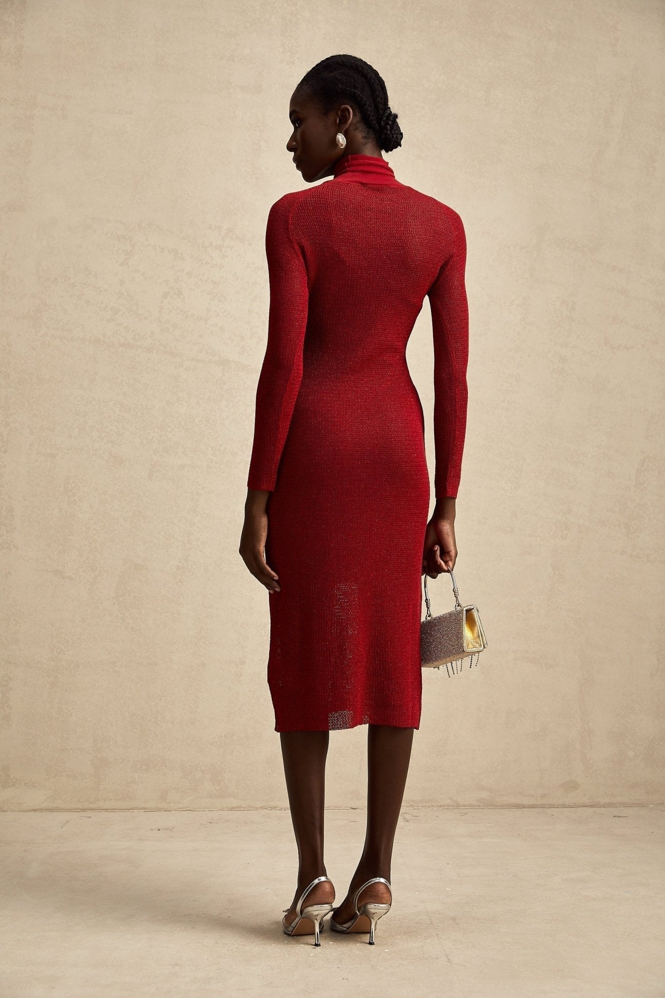 Noemi Midi Dress Metallic Red Pointelle Mock Neck