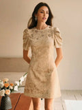 Noemi Midi Dress - Round Neck - Puff Sleeve - Floral Print - Elegant Style - Button & Pearls